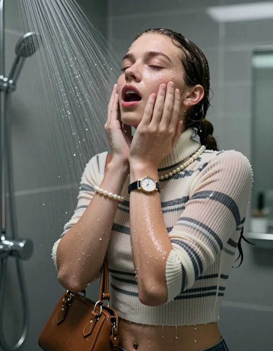 photo of young woman, in soaking wet, drenched clothes,
, ,  tight striped knit turtleneck sweater belly free, handbag, pearl necklace, bracelet, wristwatch, Under the shower, strong jet of water, modern mirrored bathroom, 
enjoying, wet clothes stuck to body,
detailed textures of the wet clothes, wet face, wet plastered hair,
wet, drenched, professional, high-quality details, full body view.
sharp focus, ultra-high pixel detail, realistic, high-quality, full colors, incredibly detailed, 4k, 8k, 16k, hyper-realistic, RAW photo, masterpiece, ultra-detailed, professionally color graded, professional photograph, Two pigtails

15 years old  teenage girl

Only head and shoulders are over the surface visible. Open mouth, closed eyes. Looking up. Hold her hands on her chin.

she is completely underwater up to her neck, afraid and astonished expression. 

her submerged clothes are hardly vusible under water, she soaked her handbag into the water

close up view, wet skin, wet clothes, wet hair, damp fabric, water runs down the clothes, wet skin, wet clothes, damp fabric., wet skin, wet clothes, damp fabric, wet skin, wet clothes, damp fabric, wet skin, wet clothes, damp fabric
