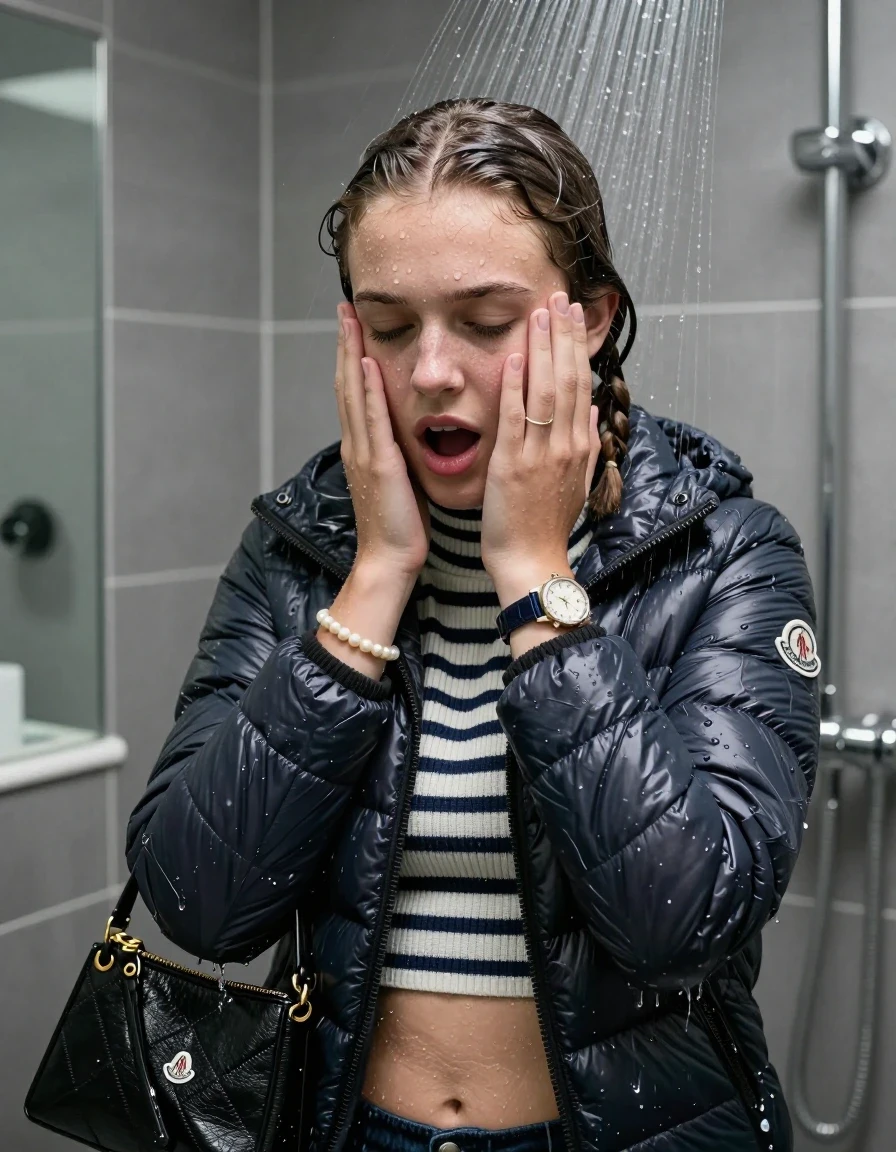 photo of young woman, in soaking wet, drenched clothes,
, , Moncler puffer down jacket, tight striped knit turtleneck sweater belly free, handbag, pearl necklace, bracelet, wristwatch, Under the shower, strong jet of water, modern mirrored bathroom, 
enjoying, wet clothes stuck to body,
detailed textures of the wet clothes, wet face, wet plastered hair,
wet, drenched, professional, high-quality details, full body view.
sharp focus, ultra-high pixel detail, realistic, high-quality, full colors, incredibly detailed, 4k, 8k, 16k, hyper-realistic, RAW photo, masterpiece, ultra-detailed, professionally color graded, professional photograph, Two pigtails

15 years old  teenage girl

Only head and shoulders are over the surface visible. Open mouth, closed eyes. Looking down. Hold her hands over her face.

she is completely underwater up to her neck, afraid and astonished expression. 

her submerged clothes are hardly vusible under water, she soaked her handbag into the water

close up view, wet skin, wet clothes, wet hair, damp fabric, water runs down the clothes, wet skin, wet clothes, damp fabric., wet skin, wet clothes, damp fabric, wet skin, wet clothes, damp fabric, wet skin, wet clothes, damp fabric