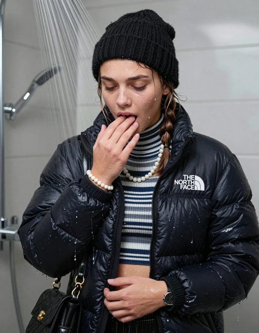 photo of young woman, in soaking wet, drenched clothes,
, , Black North face puffer down jacket, tight striped knit turtleneck sweater belly free, handbag, pearl necklace, bracelet, wristwatch, black knitted north face hat, Under the shower, strong jet of water, modern mirrored bathroom, 
enjoying, wet clothes stuck to body,
detailed textures of the wet clothes, wet face, wet plastered hair,
wet, drenched, professional, high-quality details, full body view.
sharp focus, ultra-high pixel detail, realistic, high-quality, full colors, incredibly detailed, 4k, 8k, 16k, hyper-realistic, RAW photo, masterpiece, ultra-detailed, professionally color graded, professional photograph, Two pigtails

15 years old  teenage girl

Only head and shoulders are over the surface visible. Open mouth, closed eyes. Looking down. Hold her hand on her mouth.

she is completely underwater up to her neck, afraid and astonished expression. 

her submerged clothes are hardly vusible under water, she soaked her handbag into the water

close up view, wet skin, wet clothes, wet hair, damp fabric, water runs down the clothes, wet skin, wet clothes, damp fabric., wet skin, wet clothes, damp fabric, wet skin, wet clothes, damp fabric, wet skin, wet clothes, damp fabric