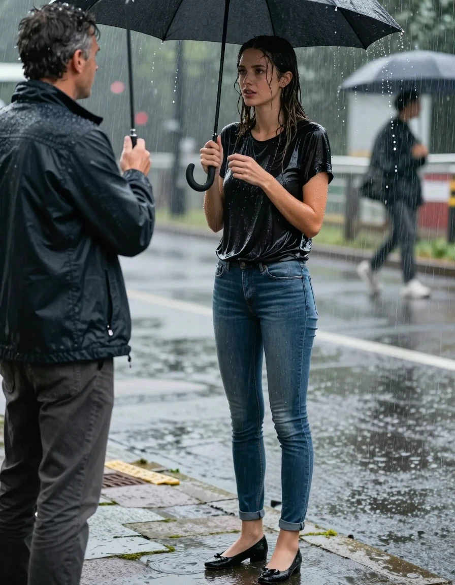 photo of young woman, in soaking wet, drenched clothes,
Black Flats, light Pantyhose, Long skinny jeans, T-Shirt, , 
enjoying, wet clothes stuck to body,
detailed textures of the wet clothes, wet face, wet plastered hair,
wet, drenched, professional, high-quality details, full body view.
sharp focus, ultra-high pixel detail, realistic, high-quality, full colors, incredibly detailed, 4k, 8k, 16k, hyper-realistic, RAW photo, masterpiece, ultra-detailed, professionally color graded, professional photograph, young, very slender female reporter is standing in very heavy Rainstorm. She is interviewing a man standing under an umbrella. She is completely soaked from head to toe, with water streaming down her entire body. Her clothes are clinging to her. The girl is not carrying an umbrella., wet skin, wet clothes, damp fabric