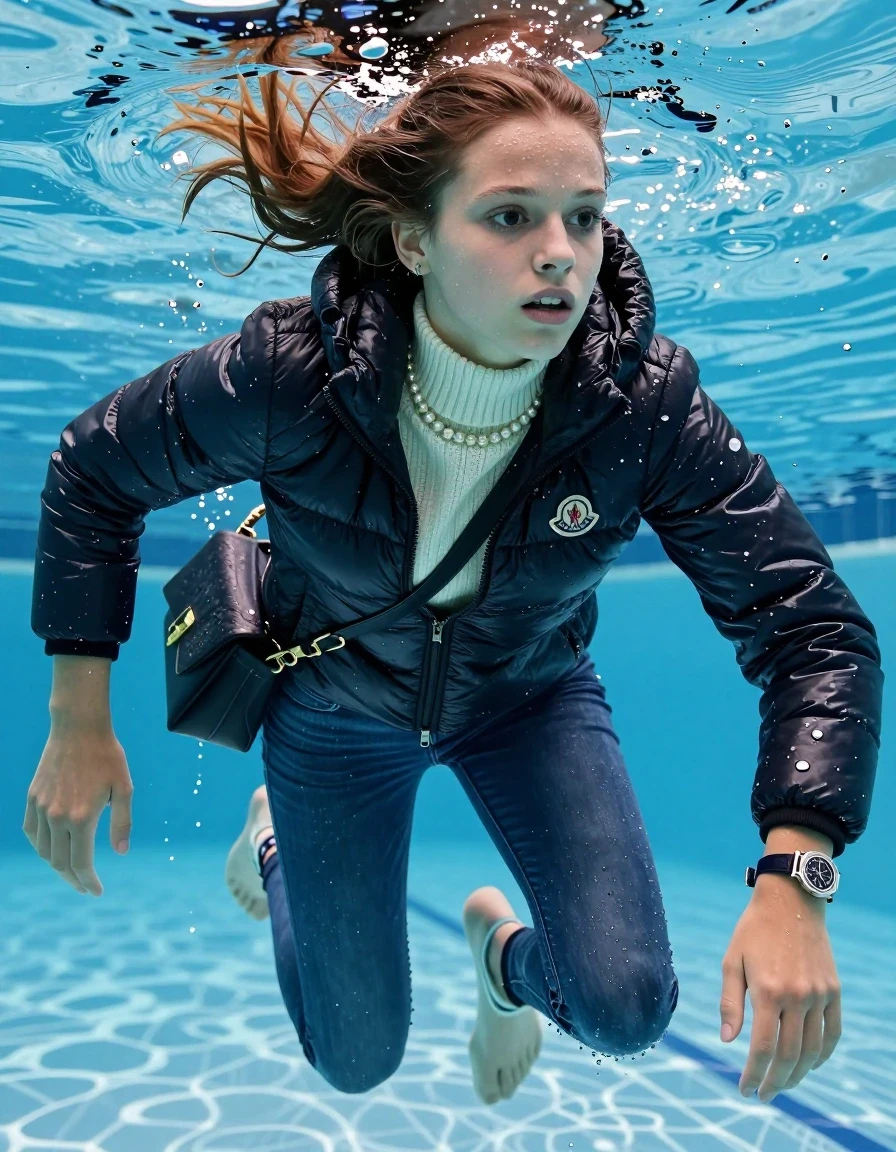 photo of young woman, in soaking wet, drenched clothes,
Boots, Completely soaked tight skinny jeans, Moncler shiny puffer down jacket, tight knit turtleneck sweater, shoulderbag, pearl necklace, bracelet, wristwatch , Swimming half underwater in swimming pool , 
enjoying, wet clothes stuck to body,
detailed textures of the wet clothes, wet face, wet plastered hair,
wet, drenched, professional, high-quality details, full body view.
sharp focus, ultra-high pixel detail, realistic, high-quality, full colors, incredibly detailed, 4k, 8k, 16k, hyper-realistic, RAW photo, masterpiece, ultra-detailed, professionally color graded, professional photograph, Sleek ponytail 

15 years old  teenage girl

Looking slightly away. 

she is completely underwater up to her neck, afraid and astonished expression. 

Swimming movements with Arms and legs. Breast swimming.

her submerged clothes are hardly vusible under water, she soaked her handbag into the water

close up view, wet skin, wet clothes, wet hair, damp fabric, water runs down the clothes, wet skin, wet clothes, damp fabric, wet skin, wet clothes, damp fabric, wet skin, wet clothes, damp fabric, wet skin, wet clothes, damp fabric, wet skin, wet clothes, damp fabric, wet skin, wet clothes, damp fabric, wet skin, wet clothes, damp fabric, wet skin, wet clothes, damp fabric, wet skin, wet clothes, damp fabric, wet skin, wet clothes, damp fabric, wet skin, wet clothes, damp fabric, wet skin, wet clothes, damp fabric, wet skin, wet clothes, damp fabric, wet skin, wet clothes, damp fabric, wet skin, wet clothes, damp fabric, wet skin, wet clothes, damp fabric, wet skin, wet clothes, damp fabric, wet skin, wet clothes, damp fabric, wet skin, wet clothes, damp fabric