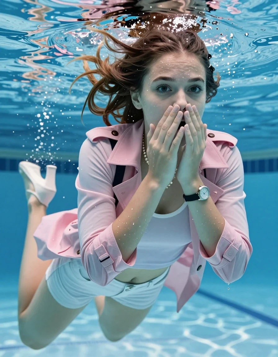 photo of young woman, in soaking wet, drenched clothes,
Heels, White mini , Pink trenchcoat, tight sexy tshirt with wide neckline belly free, shoulderbag, pearl necklace, bracelet, wristwatch , Swimming underwater in swimming pool, only head is visible over surface, 
enjoying, wet clothes stuck to body,
detailed textures of the wet clothes, wet face, wet plastered hair,
wet, drenched, professional, high-quality details, full body view.
sharp focus, ultra-high pixel detail, realistic, high-quality, full colors, incredibly detailed, 4k, 8k, 16k, hyper-realistic, RAW photo, masterpiece, ultra-detailed, professionally color graded, professional photograph, Two sleek long braids

15 years old  teenage girl

Covers her nose with her hands. Looking slightly away. Open mouth, big eyes.

she is completely underwater up to her neck, afraid and astonished expression. 

Swimming movements with Arms and legs. Breast swimming.

her submerged clothes are hardly vusible under water, she soaked her handbag into the water

close up view, wet skin, wet clothes, wet hair, damp fabric, water runs down the clothes, wet skin, wet clothes, damp fabric, wet skin, wet clothes, damp fabric, wet skin, wet clothes, damp fabric, wet skin, wet clothes, damp fabric, wet skin, wet clothes, damp fabric, wet skin, wet clothes, damp fabric, wet skin, wet clothes, damp fabric, wet skin, wet clothes, damp fabric, wet skin, wet clothes, damp fabric, wet skin, wet clothes, damp fabric, wet skin, wet clothes, damp fabric, wet skin, wet clothes, damp fabric, wet skin, wet clothes, damp fabric, wet skin, wet clothes, damp fabric, wet skin, wet clothes, damp fabric, wet skin, wet clothes, damp fabric, wet skin, wet clothes, damp fabric, wet skin, wet clothes, damp fabric, wet skin, wet clothes, damp fabric, wet skin, wet clothes, damp fabric, wet skin, wet clothes, damp fabric, wet skin, wet clothes, damp fabric, wet skin, wet clothes, damp fabric, wet skin, wet clothes, damp fabric
