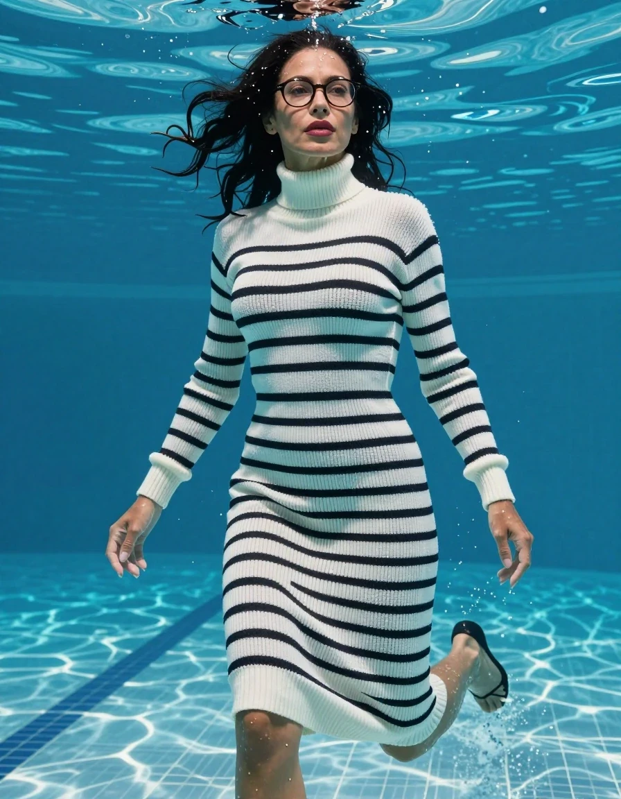 photo of young woman, in soaking wet, drenched clothes,
shoes, maxi white & black striped high-neck sweater dress with long sleeves, maxi white & black striped high-neck sweater dress with long sleeves, Swimming half submerged underwater in swimming pool, enjoying wet clothes stuck body, enjoying, wet clothes stuck to body, 
enjoying, wet clothes stuck to body,
detailed textures of the wet clothes, wet face, wet plastered hair,
wet, drenched, professional, high-quality details, full body view.
sharp focus, ultra-high pixel detail, realistic, high-quality, full colors, incredibly detailed, 4k, 8k, 16k, hyper-realistic, RAW photo, masterpiece, ultra-detailed, professionally color graded, professional photograph, europen brunette skinny woman 50 years old, long dark black hair, very big and thick lips,  office glasses, complete body, wet skin, wet clothes, damp fabric, wet skin, wet clothes, damp fabric, wet skin, wet clothes, damp fabric, wet skin, wet clothes, damp fabric, wet skin, wet clothes, damp fabric