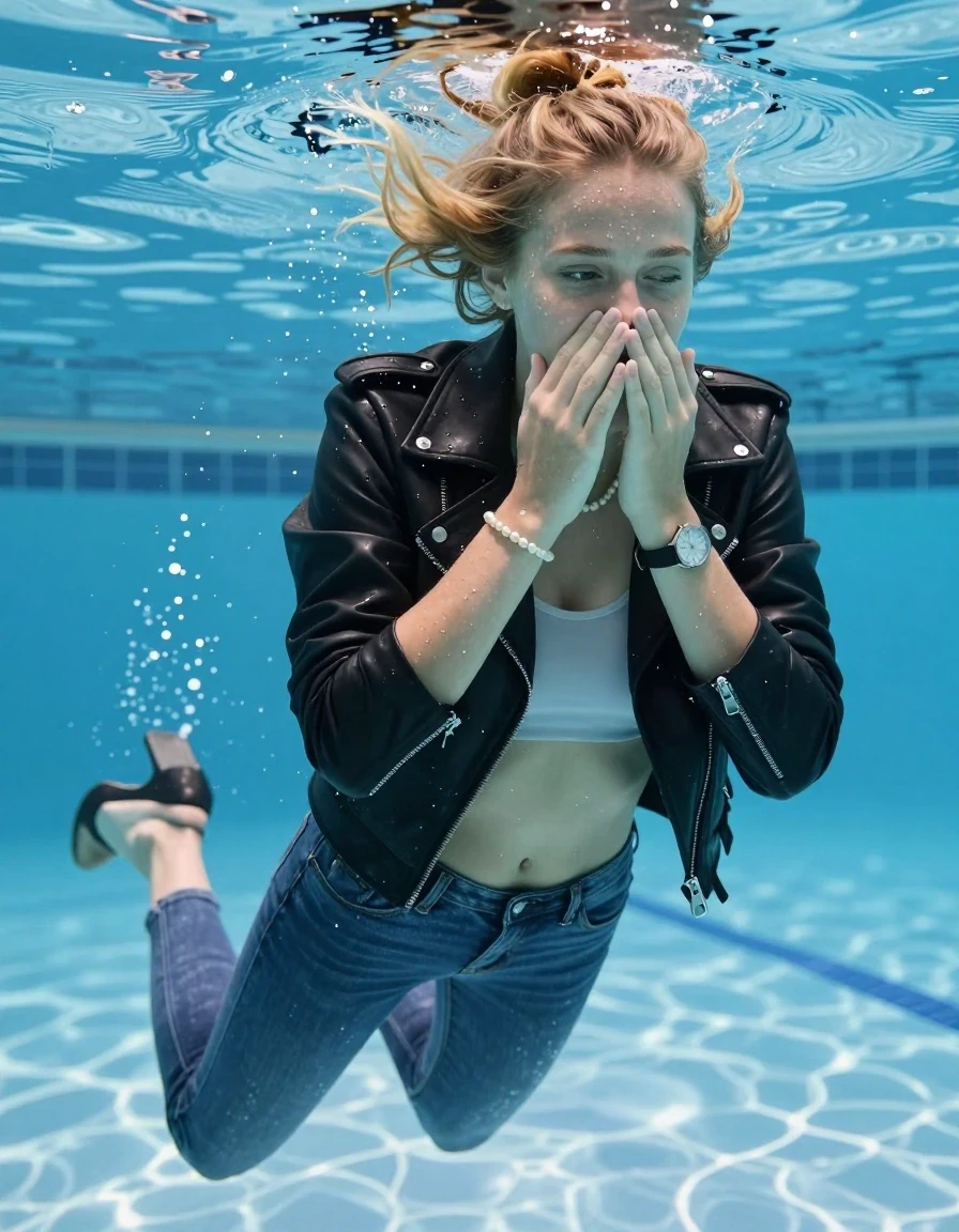 photo of young woman, in soaking wet, drenched clothes,
Heels, Completely soaked tight skinny jeans, Black biker leatherjacket, tight sexy tshirt with wide neckline belly free, shoulderbag, pearl necklace, bracelet, wristwatch , Swimming half submerged underwater in swimming pool , 
enjoying, wet clothes stuck to body,
detailed textures of the wet clothes, wet face, wet plastered hair,
wet, drenched, professional, high-quality details, full body view.
sharp focus, ultra-high pixel detail, realistic, high-quality, full colors, incredibly detailed, 4k, 8k, 16k, hyper-realistic, RAW photo, masterpiece, ultra-detailed, professionally color graded, professional photograph, Blonde half-up with a top knot

15 years old  teenage girl

Covers her nose with her hands. Looking slightly away. Open mouth, closed eyes.

she is completely underwater up to her neck, afraid and astonished expression. 

Swimming movements with Arms and legs. Breast swimming.

her submerged clothes are hardly vusible under water, she soaked her handbag into the water

close up view, wet skin, wet clothes, wet hair, damp fabric, water runs down the clothes, wet skin, wet clothes, damp fabric, wet skin, wet clothes, damp fabric, wet skin, wet clothes, damp fabric, wet skin, wet clothes, damp fabric, wet skin, wet clothes, damp fabric, wet skin, wet clothes, damp fabric, wet skin, wet clothes, damp fabric, wet skin, wet clothes, damp fabric, wet skin, wet clothes, damp fabric, wet skin, wet clothes, damp fabric, wet skin, wet clothes, damp fabric, wet skin, wet clothes, damp fabric, wet skin, wet clothes, damp fabric, wet skin, wet clothes, damp fabric, wet skin, wet clothes, damp fabric, wet skin, wet clothes, damp fabric, wet skin, wet clothes, damp fabric, wet skin, wet clothes, damp fabric, wet skin, wet clothes, damp fabric, wet skin, wet clothes, damp fabric