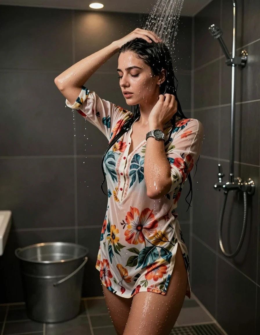 photo of young woman, in soaking wet, drenched clothes,
., , Floral very short kurti, Dark bathroom, 
enjoying, wet clothes stuck to body,
detailed textures of the wet clothes, wet face, wet plastered hair,
wet, drenched, professional, high-quality details, full body view.
sharp focus, ultra-high pixel detail, realistic, high-quality, full colors, incredibly detailed, 4k, 8k, 16k, hyper-realistic, RAW photo, masterpiece, ultra-detailed, professionally color graded, professional photograph, A  woman with long black hair standing in bathroom, pouring water over her head . She is wearing a open kurti , the fabric slightly wet and clinging. She's wearing a metal strap divers watch.Barefoot, with water droplets visible on her face, arms, and clothes. A large metal bucket sits on the wet tiled floor to her left. . The bathroom is lit with ceiling recessed warm spot lights as the only light source. A metal shower pipe and faucet are mounted on the right wall. Realistic photography style, high detail,, wet skin, wet clothes, damp fabric, wet skin, wet clothes, damp fabric