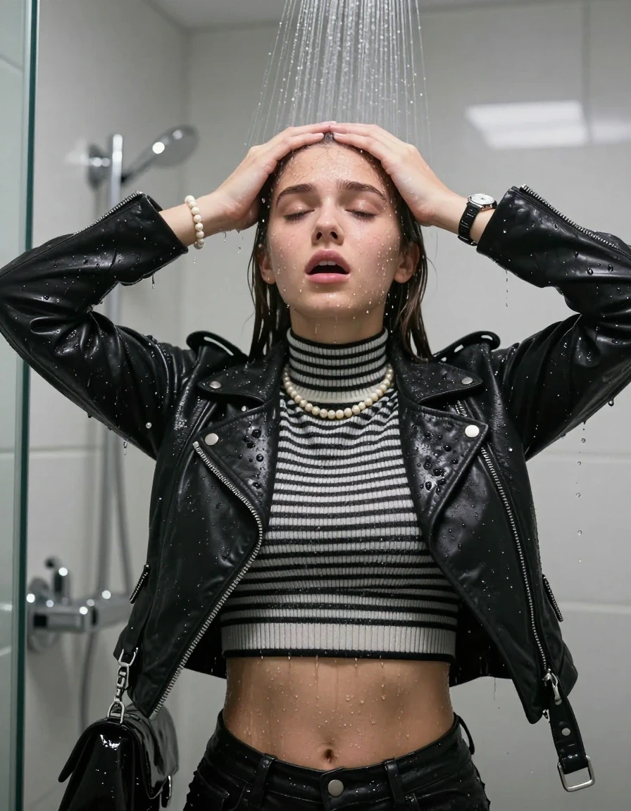 photo of young woman, in soaking wet, drenched clothes,
, , Black biker leatherjacket, tight striped knit turtleneck sweater belly free, handbag, pearl necklace, bracelet, wristwatch , Under the shower, strong jet of water, modern mirrored bathroom, 
enjoying, wet clothes stuck to body,
detailed textures of the wet clothes, wet face, wet plastered hair,
wet, drenched, professional, high-quality details, full body view.
sharp focus, ultra-high pixel detail, realistic, high-quality, full colors, incredibly detailed, 4k, 8k, 16k, hyper-realistic, RAW photo, masterpiece, ultra-detailed, professionally color graded, professional photograph, Sleek long straight hair with hairband

15 years old  teenage girl

Only head and shoulders are over the surface visible. Hold her hands over her forehead. Open mouth, closed eyes. Looking up.

she is completely underwater up to her neck, afraid and astonished expression. 

her submerged clothes are hardly vusible under water, she soaked her handbag into the water

close up view, wet skin, wet clothes, wet hair, damp fabric, water runs down the clothes, wet skin, wet clothes, damp fabric., wet skin, wet clothes, damp fabric, wet skin, wet clothes, damp fabric
