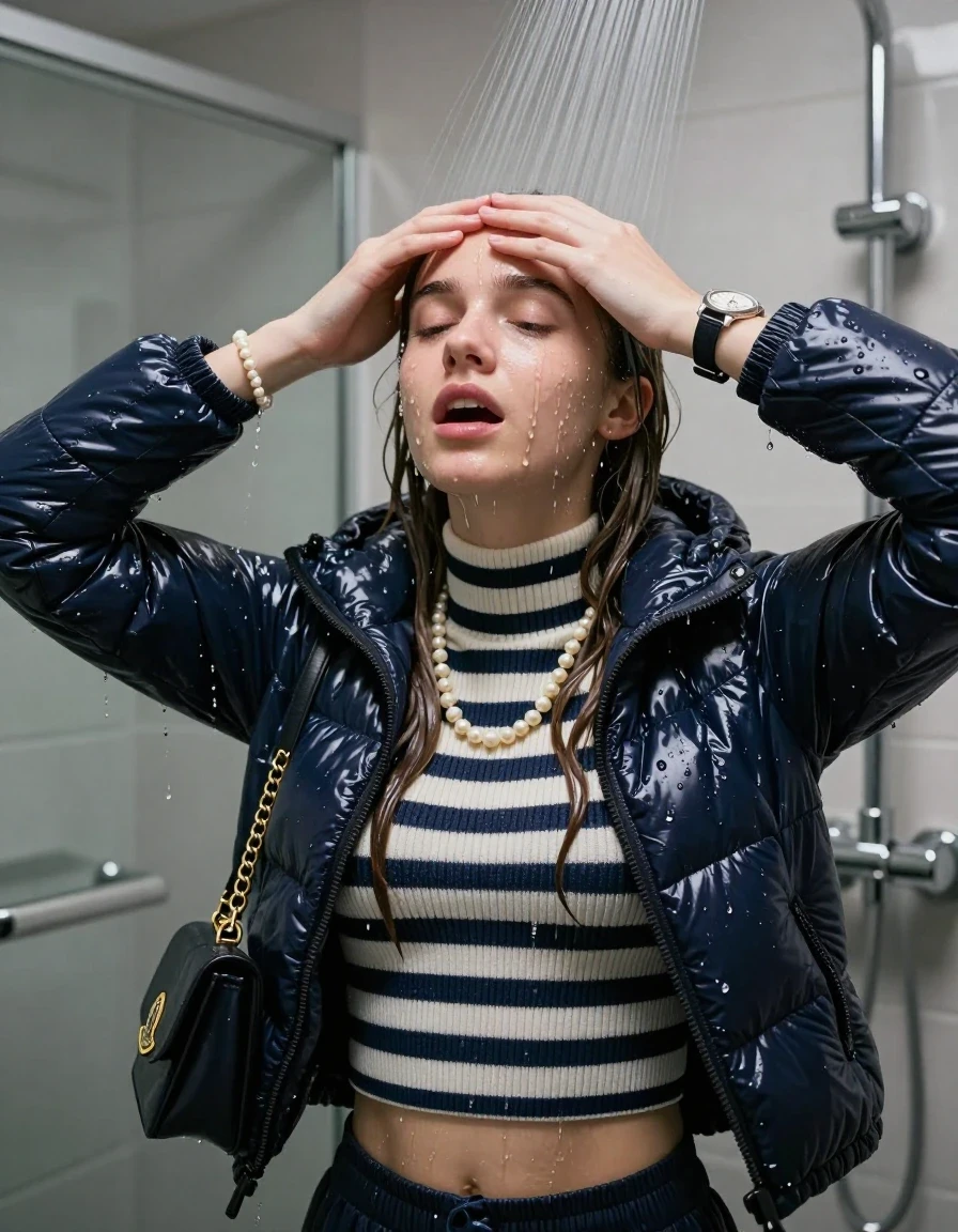 photo of young woman, in soaking wet, drenched clothes,
, , Moncler shiny puffer down jacket, tight striped knit turtleneck sweater belly free, handbag, pearl necklace, bracelet, wristwatch , Under the shower, strong jet of water, modern mirrored bathroom, 
enjoying, wet clothes stuck to body,
detailed textures of the wet clothes, wet face, wet plastered hair,
wet, drenched, professional, high-quality details, full body view.
sharp focus, ultra-high pixel detail, realistic, high-quality, full colors, incredibly detailed, 4k, 8k, 16k, hyper-realistic, RAW photo, masterpiece, ultra-detailed, professionally color graded, professional photograph, Sleek long straight hair with hairband

15 years old  teenage girl

Only head and shoulders are over the surface visible. Hold her hands over her forehead. Open mouth, closed eyes. Looking up.

she is completely underwater up to her neck, afraid and astonished expression. 

her submerged clothes are hardly vusible under water, she soaked her handbag into the water

close up view, wet skin, wet clothes, wet hair, damp fabric, water runs down the clothes, wet skin, wet clothes, damp fabric., wet skin, wet clothes, damp fabric, wet skin, wet clothes, damp fabric, wet skin, wet clothes, damp fabric