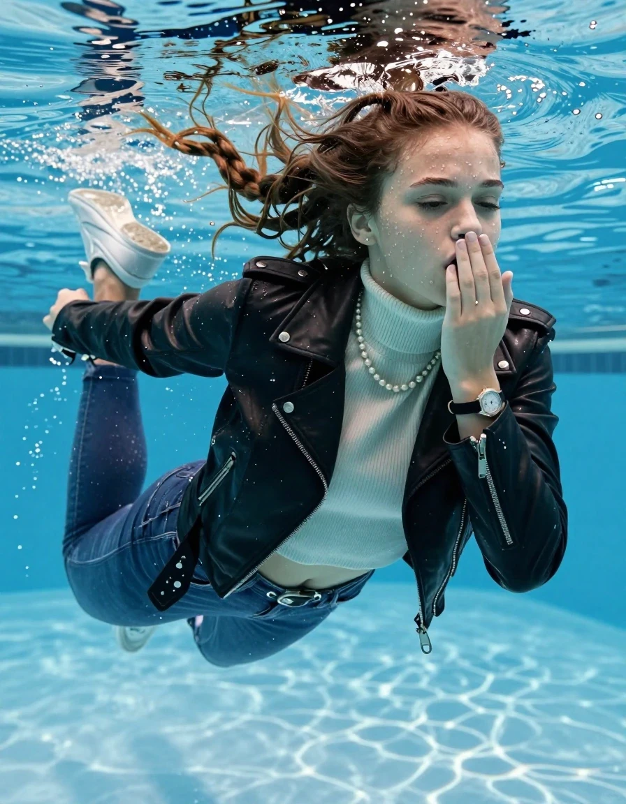 photo of young woman, in soaking wet, drenched clothes,
White sneakers , Completely soaked tight skinny jeans, Black biker leatherjacket, tight knit turtleneck sweater belly free, shoulderbag, pearl necklace, bracelet, wristwatch , Swimming half submerged underwater in swimming pool , 
enjoying, wet clothes stuck to body,
detailed textures of the wet clothes, wet face, wet plastered hair,
wet, drenched, professional, high-quality details, full body view.
sharp focus, ultra-high pixel detail, realistic, high-quality, full colors, incredibly detailed, 4k, 8k, 16k, hyper-realistic, RAW photo, masterpiece, ultra-detailed, professionally color graded, professional photograph, Two sleek long braids

15 years old  teenage girl

Covers her nose with her fingers. Looking slightly away. Open mouth, closed eyes.

she is completely underwater up to her neck, afraid and astonished expression. 

Swimming movements with Arms and legs. Breast swimming.

her submerged clothes are hardly vusible under water, she soaked her handbag into the water

close up view, wet skin, wet clothes, wet hair, damp fabric, water runs down the clothes, wet skin, wet clothes, damp fabric, wet skin, wet clothes, damp fabric, wet skin, wet clothes, damp fabric, wet skin, wet clothes, damp fabric, wet skin, wet clothes, damp fabric, wet skin, wet clothes, damp fabric, wet skin, wet clothes, damp fabric, wet skin, wet clothes, damp fabric, wet skin, wet clothes, damp fabric, wet skin, wet clothes, damp fabric, wet skin, wet clothes, damp fabric, wet skin, wet clothes, damp fabric, wet skin, wet clothes, damp fabric, wet skin, wet clothes, damp fabric, wet skin, wet clothes, damp fabric, wet skin, wet clothes, damp fabric, wet skin, wet clothes, damp fabric, wet skin, wet clothes, damp fabric, wet skin, wet clothes, damp fabric, wet skin, wet clothes, damp fabric