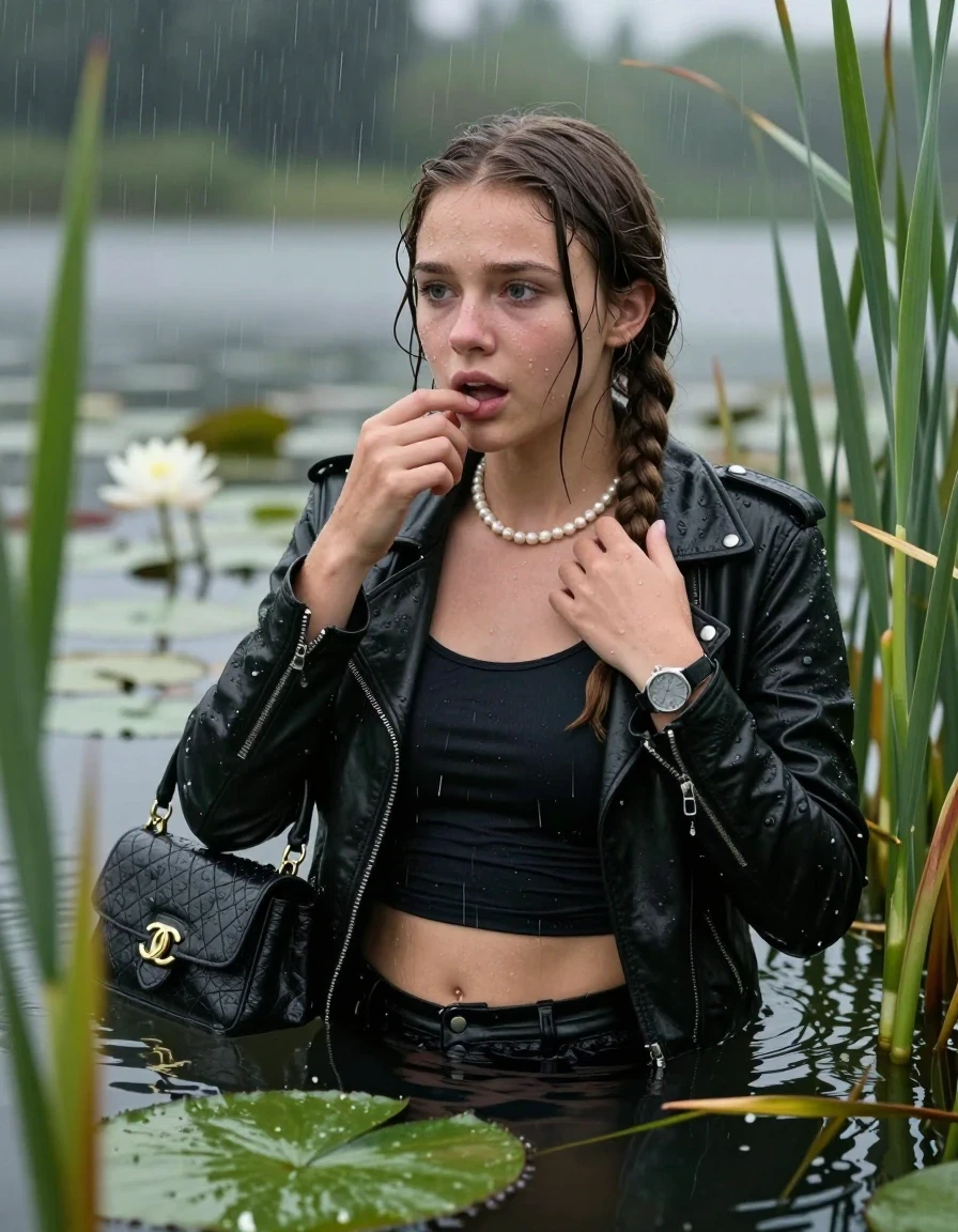 photo of young woman, in soaking wet, drenched clothes,
, , Black biker leatherjacket, tight sexy tshirt with wide neckline belly free, handbag, pearl necklace, bracelet, wristwatch , Emerging after diving in a lake with water lilies and reeds, rain , 
enjoying, wet clothes stuck to body,
detailed textures of the wet clothes, wet face, wet plastered hair,
wet, drenched, professional, high-quality details, full body view.
sharp focus, ultra-high pixel detail, realistic, high-quality, full colors, incredibly detailed, 4k, 8k, 16k, hyper-realistic, RAW photo, masterpiece, ultra-detailed, professionally color graded, professional photograph, Two long braids

15 years old  teenage girl

Laying her breast on the surface.  Looking slightly away. Puts a finger in the mouth.

she is completely underwater up to her neck, afraid and astonished expression. 

She hides in the reeds and is surprised by spectators

her submerged clothes are hardly vusible under water, she soaked her handbag into the water

close up view, wet skin, wet clothes, wet hair, damp fabric, water runs down the clothes, wet skin, wet clothes, damp fabric., wet skin, wet clothes, damp fabric