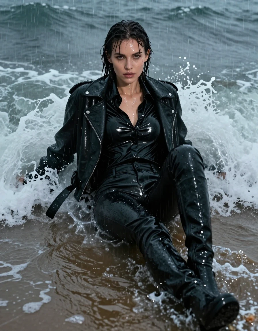 A photorealistic medium shot of a young adult European woman lying amidst surging ocean waves on a beach at night during a heavy rainstorm. She is wearing an oversize black vinyl button-down shirt that is drenched and clings to her frame with high-gloss specular highlights, layered under a soaking-wet black leather jacket. Her legs are clad in black leather long pants, and she wears knee-length black leather boots, all heavily saturated with seawater and rain. The clothing is visibly heavy, clinging to her body with realistic wet folds, deep tonal shifts, and intense light reflections from the rain and crashing surf. Her skin and hair are glistening and drenched, with water streaming down her face. The atmosphere is captured in high-detail, realistic photographic quality, emphasizing the textures of the wet leather, vinyl, and the turbulent ocean environment, sharp focus, cinematic lighting, professional photography.