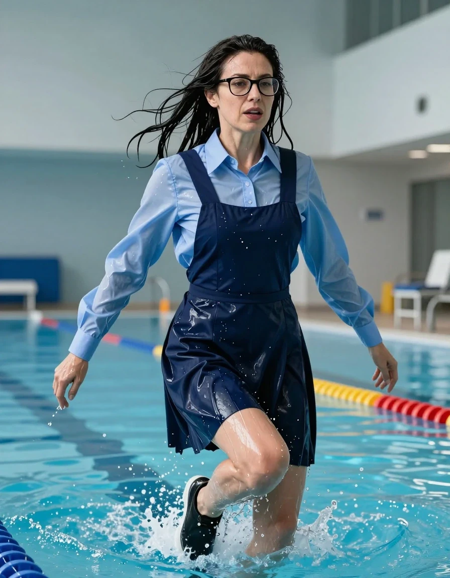 photo of young woman, in soaking wet, drenched clothes,
shoes, school uniform with long dark blue school pinafore and blue shirt with long sleeves, school uniform with long dark blue school pinafore and blue shirt with long sleeves, jump in indoor swimming pool, enjoying wet clothes stuck body, enjoying, wet clothes stuck to body, 
enjoying, wet clothes stuck to body,
detailed textures of the wet clothes, wet face, wet plastered hair,
wet, drenched, professional, high-quality details, full body view.
sharp focus, ultra-high pixel detail, realistic, high-quality, full colors, incredibly detailed, 4k, 8k, 16k, hyper-realistic, RAW photo, masterpiece, ultra-detailed, professionally color graded, professional photograph, europen brunette skinny woman 50 years old, long dark black hair, very big and thick lips,  office glasses, complete body, wet skin, wet clothes, damp fabric, wet skin, wet clothes, damp fabric, wet skin, wet clothes, damp fabric, wet skin, wet clothes, damp fabric, wet skin, wet clothes, damp fabric