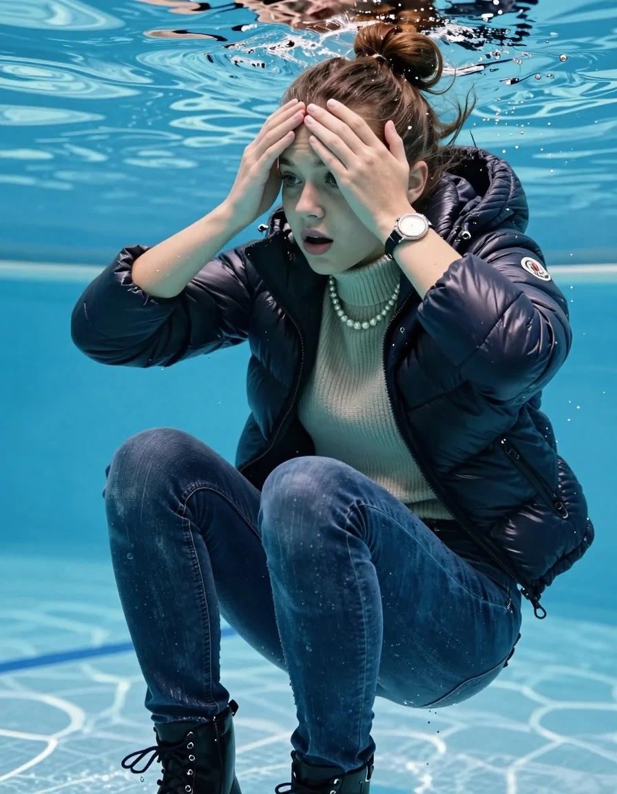 photo of young woman, in soaking wet, drenched clothes,
Boots, Completely soaked tight skinny jeans, Moncler shiny puffer down jacket, tight knit turtleneck sweater, shoulderbag, pearl necklace, bracelet, wristwatch , Swimming half underwater in swimming pool , 
enjoying, wet clothes stuck to body,
detailed textures of the wet clothes, wet face, wet plastered hair,
wet, drenched, professional, high-quality details, full body view.
sharp focus, ultra-high pixel detail, realistic, high-quality, full colors, incredibly detailed, 4k, 8k, 16k, hyper-realistic, RAW photo, masterpiece, ultra-detailed, professionally color graded, professional photograph, Topknot

15 years old  teenage girl

Looking slightly away. Hold her hands over forehead, closed mouth.

she is completely underwater up to her neck, afraid and astonished expression. 

her submerged clothes are hardly vusible under water, she soaked her handbag into the water

close up view, wet skin, wet clothes, wet hair, damp fabric, water runs down the clothes, wet skin, wet clothes, damp fabric, wet skin, wet clothes, damp fabric, wet skin, wet clothes, damp fabric, wet skin, wet clothes, damp fabric, wet skin, wet clothes, damp fabric, wet skin, wet clothes, damp fabric, wet skin, wet clothes, damp fabric, wet skin, wet clothes, damp fabric, wet skin, wet clothes, damp fabric, wet skin, wet clothes, damp fabric, wet skin, wet clothes, damp fabric, wet skin, wet clothes, damp fabric, wet skin, wet clothes, damp fabric, wet skin, wet clothes, damp fabric, wet skin, wet clothes, damp fabric, wet skin, wet clothes, damp fabric, wet skin, wet clothes, damp fabric, wet skin, wet clothes, damp fabric, wet skin, wet clothes, damp fabric