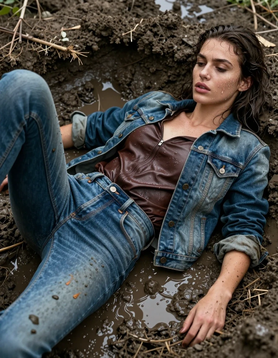 photo of young woman, in soaking wet, drenched clothes,
Jeans leather, Denim jacket leather shirt, Deep Mud pit, 
enjoying, wet clothes stuck to body,
detailed textures of the wet clothes, wet face, wet plastered hair,
wet, drenched, professional, high-quality details, full body view.
sharp focus, ultra-high pixel detail, realistic, high-quality, full colors, incredibly detailed, 4k, 8k, 16k, hyper-realistic, RAW photo, masterpiece, ultra-detailed, professionally color graded, professional photograph, Lying, wet skin, wet clothes, damp fabric