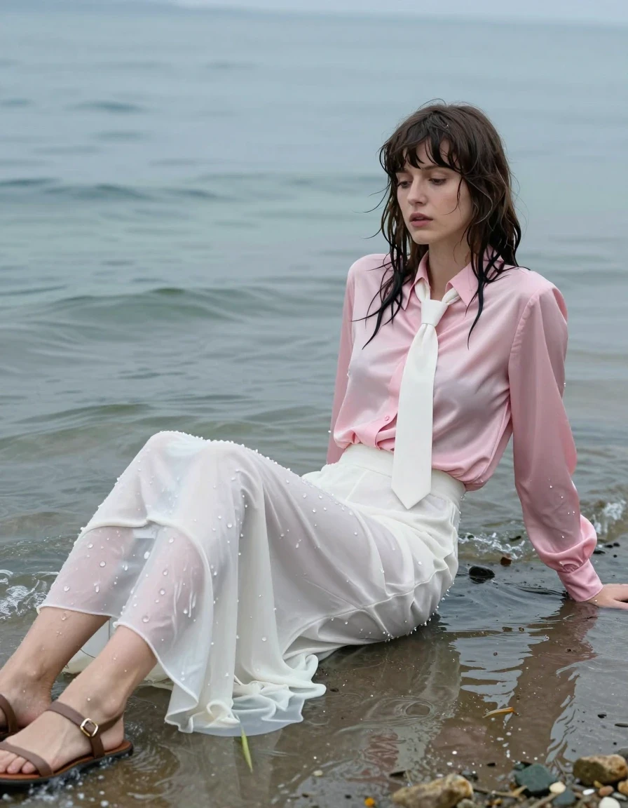 photo of young woman, in soaking wet, drenched clothes,
sandals, too long floor-length long silk white skirt, Beatles haired woman: pink long-sleeved satin blouse with white necktie, sea, submerged until waist, 
enjoying, wet clothes stuck to body,
detailed textures of the wet clothes, wet face, wet plastered hair,
wet, drenched, professional, high-quality details, full body view.
sharp focus, ultra-high pixel detail, realistic, high-quality, full colors, incredibly detailed, 4k, 8k, 16k, hyper-realistic, RAW photo, masterpiece, ultra-detailed, professionally color graded, professional photograph, exhausted, collapsing on the shore, wet skin, wet clothes, damp fabric