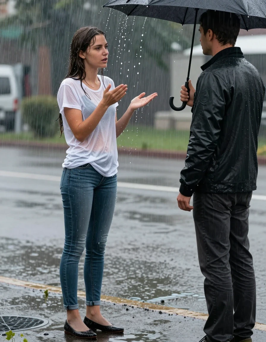 photo of young woman, in soaking wet, drenched clothes,
Black Flats, light Pantyhose, Long skinny jeans, T-Shirt, , 
enjoying, wet clothes stuck to body,
detailed textures of the wet clothes, wet face, wet plastered hair,
wet, drenched, professional, high-quality details, full body view.
sharp focus, ultra-high pixel detail, realistic, high-quality, full colors, incredibly detailed, 4k, 8k, 16k, hyper-realistic, RAW photo, masterpiece, ultra-detailed, professionally color graded, professional photograph, young, very slender female reporter is standing in very heavy Rainstorm. She is interviewing a man standing under an umbrella. She is completely soaked from head to toe, with water streaming down her entire body. Her clothes are clinging to her. The girl is not carrying an umbrella., wet skin, wet clothes, damp fabric