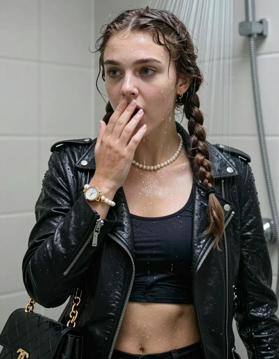 photo of young woman, in soaking wet, drenched clothes,
, , Black biker leatherjacket, tight sexy tshirt with wide neckline belly free, handbag, pearl necklace, bracelet, wristwatch , Under the shower, 
enjoying, wet clothes stuck to body,
detailed textures of the wet clothes, wet face, wet plastered hair,
wet, drenched, professional, high-quality details, full body view.
sharp focus, ultra-high pixel detail, realistic, high-quality, full colors, incredibly detailed, 4k, 8k, 16k, hyper-realistic, RAW photo, masterpiece, ultra-detailed, professionally color graded, professional photograph, Two long braids

15 years old  teenage girl

Only head and shoulders are over the surface visible. Looking slightly away. Hold her hand over her mouth.

she is completely underwater up to her neck, afraid and astonished expression. 

her submerged clothes are hardly vusible under water, she soaked her handbag into the water

close up view, wet skin, wet clothes, wet hair, damp fabric, water runs down the clothes, wet skin, wet clothes, damp fabric., wet skin, wet clothes, damp fabric