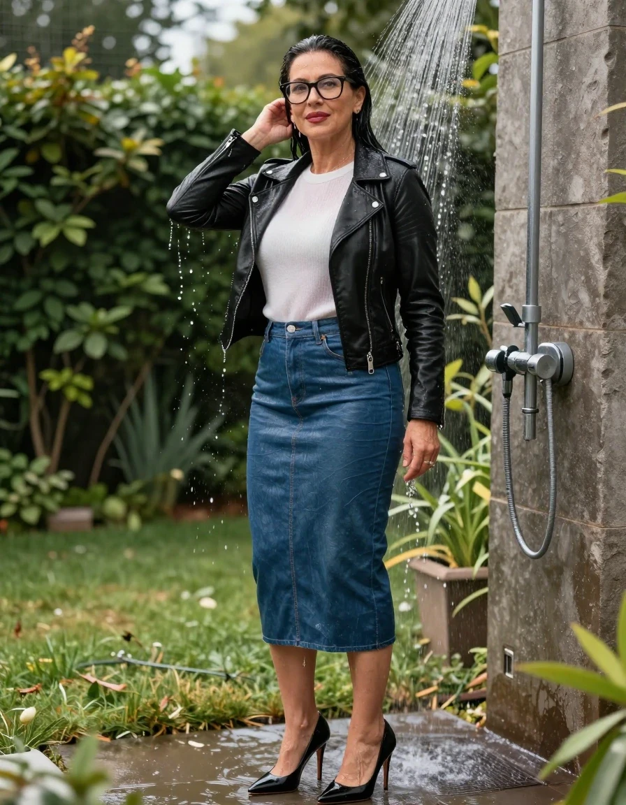 photo of young woman, in soaking wet, drenched clothes,
stlletto shoes, long blue leather denim skirt, white sweater, black byker leather jacket, takin shower in sunny garden, enjoying wet clothes stuck body, enjoying, wet clothes stuck to body, 
enjoying, wet clothes stuck to body,
detailed textures of the wet clothes, wet face, wet plastered hair,
wet, drenched, professional, high-quality details, full body view.
sharp focus, ultra-high pixel detail, realistic, high-quality, full colors, incredibly detailed, 4k, 8k, 16k, hyper-realistic, RAW photo, masterpiece, ultra-detailed, professionally color graded, professional photograph, europen brunette skinny woman 50 years old, long dark black hair, very big and thick lips,  office glasses, complete body, wet skin, wet clothes, damp fabric, wet skin, wet clothes, damp fabric, wet skin, wet clothes, damp fabric, wet skin, wet clothes, damp fabric, wet skin, wet clothes, damp fabric