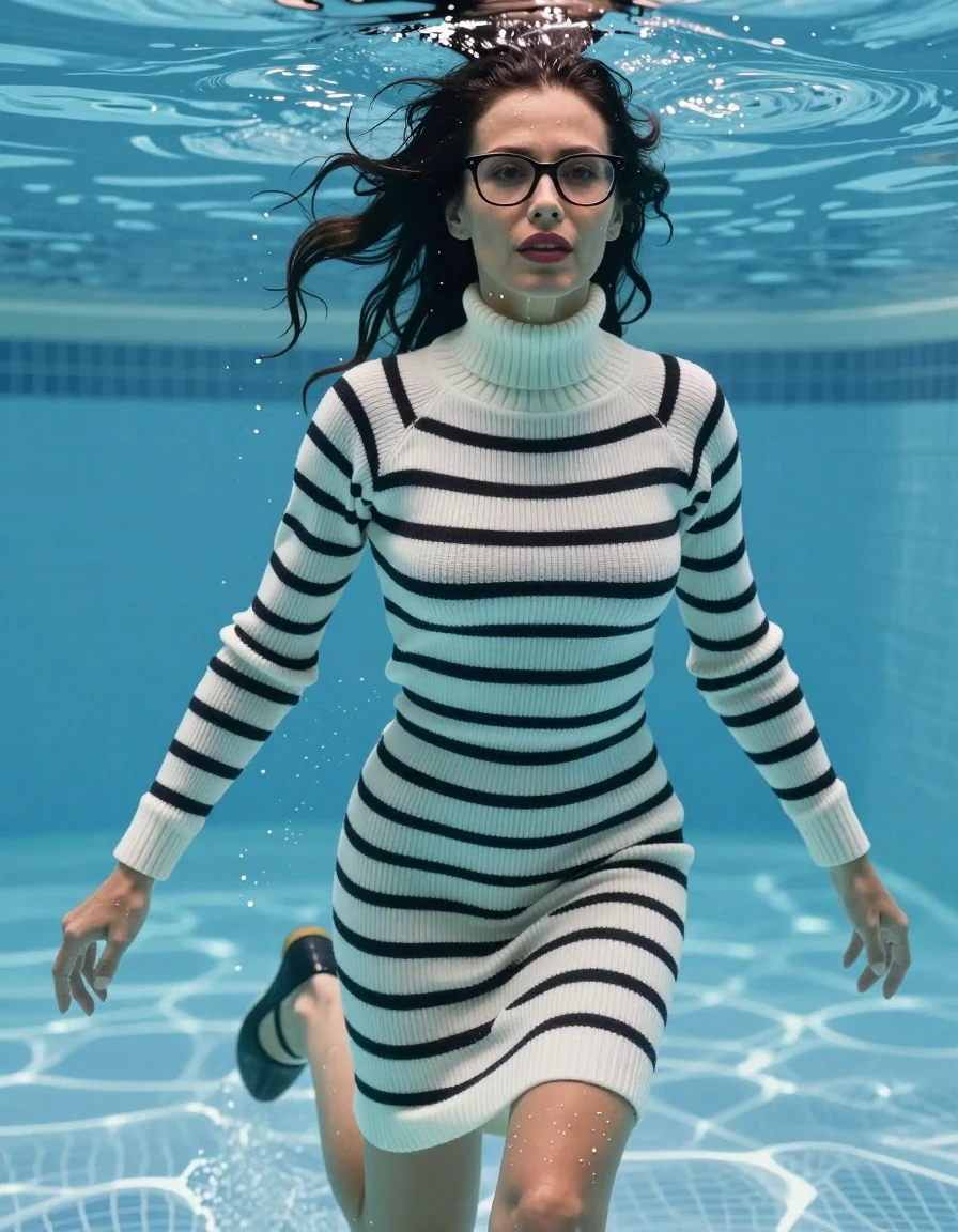 photo of young woman, in soaking wet, drenched clothes,
shoes, maxi white & black striped high-neck sweater dress with long sleeves, maxi white & black striped high-neck sweater dress with long sleeves, Swimming half submerged underwater in swimming pool, enjoying wet clothes stuck body, enjoying, wet clothes stuck to body, 
enjoying, wet clothes stuck to body,
detailed textures of the wet clothes, wet face, wet plastered hair,
wet, drenched, professional, high-quality details, full body view.
sharp focus, ultra-high pixel detail, realistic, high-quality, full colors, incredibly detailed, 4k, 8k, 16k, hyper-realistic, RAW photo, masterpiece, ultra-detailed, professionally color graded, professional photograph, europen brunette skinny woman 50 years old, long dark black hair, very big and thick lips,  office glasses, complete body, wet skin, wet clothes, damp fabric, wet skin, wet clothes, damp fabric, wet skin, wet clothes, damp fabric, wet skin, wet clothes, damp fabric, wet skin, wet clothes, damp fabric
