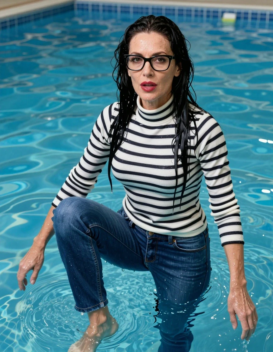 photo of young woman, in soaking wet, drenched clothes,
shoes, long blue jeans, white & black striped high-neck sweater with long sleeves, Swimming half submerged underwater in swimming pool, enjoying wet clothes stuck body, enjoying, wet clothes stuck to body, 
enjoying, wet clothes stuck to body,
detailed textures of the wet clothes, wet face, wet plastered hair,
wet, drenched, professional, high-quality details, full body view.
sharp focus, ultra-high pixel detail, realistic, high-quality, full colors, incredibly detailed, 4k, 8k, 16k, hyper-realistic, RAW photo, masterpiece, ultra-detailed, professionally color graded, professional photograph, europen brunette skinny woman 50 years old, long dark black hair, very big and thick lips,  office glasses, complete body, wet skin, wet clothes, damp fabric, wet skin, wet clothes, damp fabric, wet skin, wet clothes, damp fabric, wet skin, wet clothes, damp fabric, wet skin, wet clothes, damp fabric