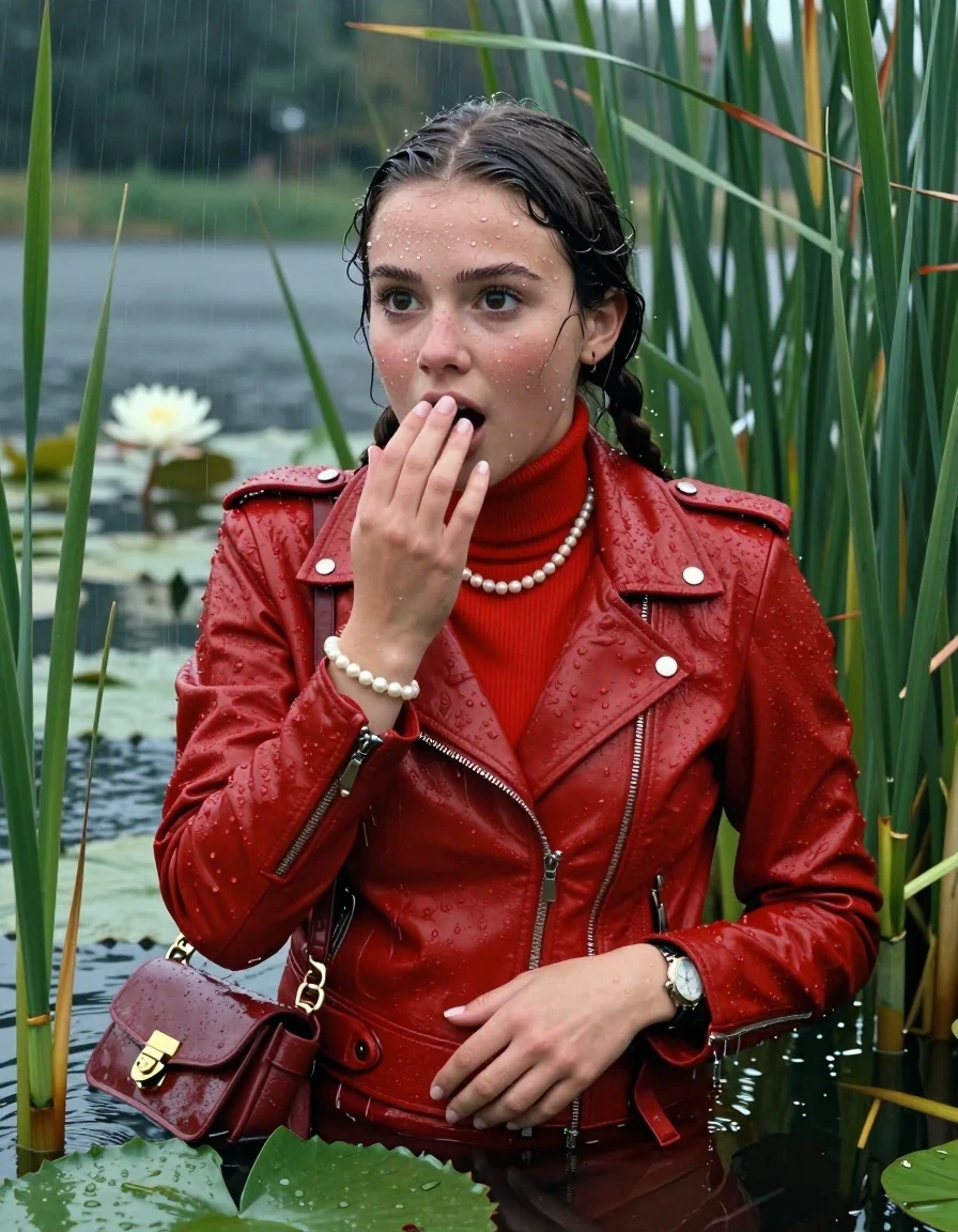 photo of young woman, in soaking wet, drenched clothes,
, , Red biker leatherjacket, tight turtleneck sweater with wide neckline belly free, handbag, pearl necklace, bracelet, wristwatch , Emerging after diving in a lake with water lilies and reeds, rain , 
enjoying, wet clothes stuck to body,
detailed textures of the wet clothes, wet face, wet plastered hair,
wet, drenched, professional, high-quality details, full body view.
sharp focus, ultra-high pixel detail, realistic, high-quality, full colors, incredibly detailed, 4k, 8k, 16k, hyper-realistic, RAW photo, masterpiece, ultra-detailed, professionally color graded, professional photograph, Pigtails

15 years old  teenage girl

Laying her breast on the surface.  Looking slightly away. Hold her hand on her mouth. Open mouth, big eyes.

she is completely underwater up to her neck, afraid and astonished expression. 

She hides in the reeds and is surprised by spectators

her submerged clothes are hardly vusible under water, she soaked her handbag into the water

close up view, wet skin, wet clothes, wet hair, damp fabric, water runs down the clothes, wet skin, wet clothes, damp fabric., wet skin, wet clothes, damp fabric, wet skin, wet clothes, damp fabric