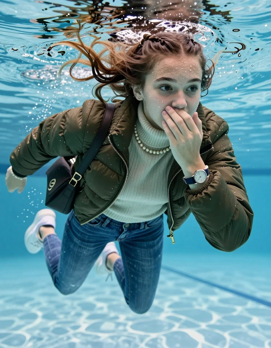 photo of young woman, in soaking wet, drenched clothes,
White sneakers , Completely soaked tight skinny jeans,  Belstaff olive shiny puffer down jacket, tight knit turtleneck sweater, shoulderbag, pearl necklace, bracelet, wristwatch , Swimming half submerged underwater in swimming pool , 
enjoying, wet clothes stuck to body,
detailed textures of the wet clothes, wet face, wet plastered hair,
wet, drenched, professional, high-quality details, full body view.
sharp focus, ultra-high pixel detail, realistic, high-quality, full colors, incredibly detailed, 4k, 8k, 16k, hyper-realistic, RAW photo, masterpiece, ultra-detailed, professionally color graded, professional photograph, Two sleek long braids

15 years old  teenage girl

Hold her hand over her mouth and nose. Looking slightly away. 

she is completely underwater up to her neck, afraid and astonished expression. 

Swimming movements with Arms and legs. Breast swimming.

her submerged clothes are hardly vusible under water, she soaked her handbag into the water

close up view, wet skin, wet clothes, wet hair, damp fabric, water runs down the clothes, wet skin, wet clothes, damp fabric, wet skin, wet clothes, damp fabric, wet skin, wet clothes, damp fabric, wet skin, wet clothes, damp fabric, wet skin, wet clothes, damp fabric, wet skin, wet clothes, damp fabric, wet skin, wet clothes, damp fabric, wet skin, wet clothes, damp fabric, wet skin, wet clothes, damp fabric, wet skin, wet clothes, damp fabric, wet skin, wet clothes, damp fabric, wet skin, wet clothes, damp fabric, wet skin, wet clothes, damp fabric, wet skin, wet clothes, damp fabric, wet skin, wet clothes, damp fabric, wet skin, wet clothes, damp fabric, wet skin, wet clothes, damp fabric, wet skin, wet clothes, damp fabric, wet skin, wet clothes, damp fabric, wet skin, wet clothes, damp fabric