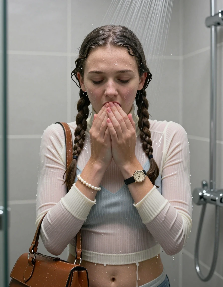 photo of young woman, in soaking wet, drenched clothes,
, ,  tight striped knit turtleneck sweater belly free, handbag, pearl necklace, bracelet, wristwatch, Under the shower, strong jet of water, modern mirrored bathroom, 
enjoying, wet clothes stuck to body,
detailed textures of the wet clothes, wet face, wet plastered hair,
wet, drenched, professional, high-quality details, full body view.
sharp focus, ultra-high pixel detail, realistic, high-quality, full colors, incredibly detailed, 4k, 8k, 16k, hyper-realistic, RAW photo, masterpiece, ultra-detailed, professionally color graded, professional photograph, Two pigtails

15 years old  teenage girl

Only head and shoulders are over the surface visible. Open mouth, closed eyes. Looking down. Hold her hands on her mouth.

she is completely underwater up to her neck, afraid and astonished expression. 

her submerged clothes are hardly vusible under water, she soaked her handbag into the water

close up view, wet skin, wet clothes, wet hair, damp fabric, water runs down the clothes, wet skin, wet clothes, damp fabric., wet skin, wet clothes, damp fabric, wet skin, wet clothes, damp fabric, wet skin, wet clothes, damp fabric, wet skin, wet clothes, damp fabric
