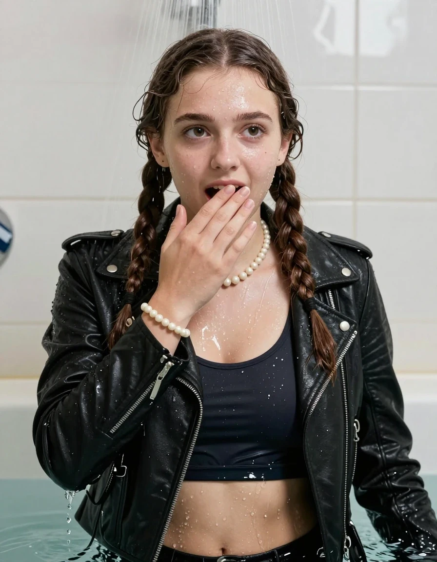 photo of young woman, in soaking wet, drenched clothes,
, , Black biker leatherjacket, tight sexy tshirt with wide neckline belly free, handbag, pearl necklace, bracelet, wristwatch , Under the shower, 
enjoying, wet clothes stuck to body,
detailed textures of the wet clothes, wet face, wet plastered hair,
wet, drenched, professional, high-quality details, full body view.
sharp focus, ultra-high pixel detail, realistic, high-quality, full colors, incredibly detailed, 4k, 8k, 16k, hyper-realistic, RAW photo, masterpiece, ultra-detailed, professionally color graded, professional photograph, Two long braids

15 years old  teenage girl

Only head and shoulders are over the surface visible. Looking slightly away. Hold her hand over her mouth. Open mouth, big eyes. Slightly smile.

she is completely underwater up to her neck, afraid and astonished expression. 

her submerged clothes are hardly vusible under water, she soaked her handbag into the water

close up view, wet skin, wet clothes, wet hair, damp fabric, water runs down the clothes, wet skin, wet clothes, damp fabric., wet skin, wet clothes, damp fabric