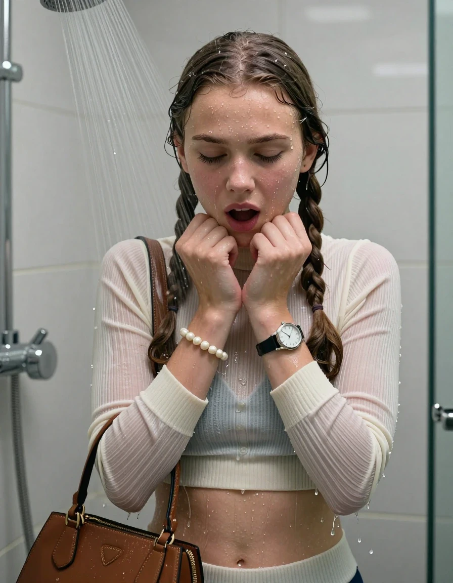 photo of young woman, in soaking wet, drenched clothes,
, ,  tight striped knit turtleneck sweater belly free, handbag, pearl necklace, bracelet, wristwatch, Under the shower, strong jet of water, modern mirrored bathroom, 
enjoying, wet clothes stuck to body,
detailed textures of the wet clothes, wet face, wet plastered hair,
wet, drenched, professional, high-quality details, full body view.
sharp focus, ultra-high pixel detail, realistic, high-quality, full colors, incredibly detailed, 4k, 8k, 16k, hyper-realistic, RAW photo, masterpiece, ultra-detailed, professionally color graded, professional photograph, Two pigtails

15 years old  teenage girl

Only head and shoulders are over the surface visible. Open mouth, closed eyes. Looking down. Hold her hands on her chin.

she is completely underwater up to her neck, afraid and astonished expression. 

her submerged clothes are hardly vusible under water, she soaked her handbag into the water

close up view, wet skin, wet clothes, wet hair, damp fabric, water runs down the clothes, wet skin, wet clothes, damp fabric., wet skin, wet clothes, damp fabric, wet skin, wet clothes, damp fabric, wet skin, wet clothes, damp fabric