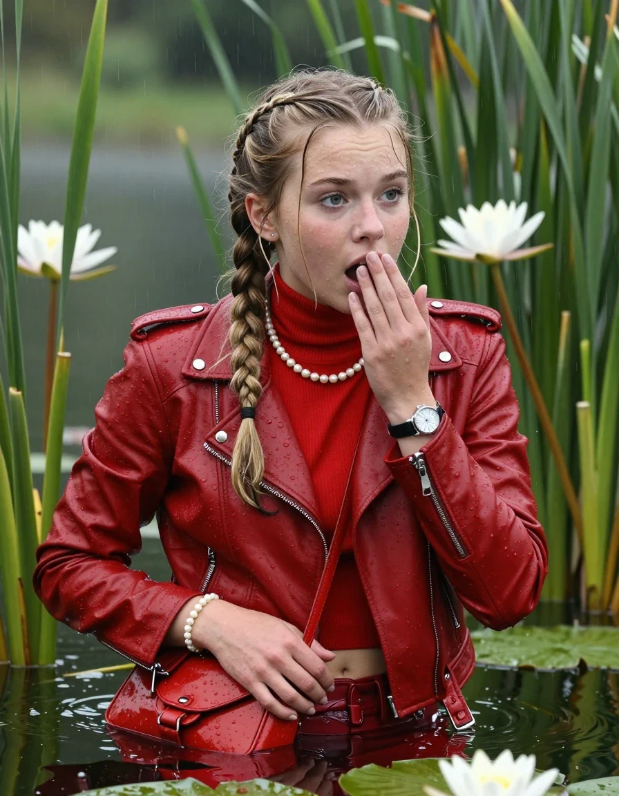 photo of young woman, in soaking wet, drenched clothes,
, , Red biker leatherjacket, tight turtleneck sweater with wide neckline belly free, handbag, pearl necklace, bracelet, wristwatch , Emerging after diving in a lake with water lilies and reeds, rain , 
enjoying, wet clothes stuck to body,
detailed textures of the wet clothes, wet face, wet plastered hair,
wet, drenched, professional, high-quality details, full body view.
sharp focus, ultra-high pixel detail, realistic, high-quality, full colors, incredibly detailed, 4k, 8k, 16k, hyper-realistic, RAW photo, masterpiece, ultra-detailed, professionally color graded, professional photograph, Blonde braids

15 years old  teenage girl

Laying her breast on the surface.  Looking slightly away. Hold her hand on her mouth. Open mouth, big eyes.

she is completely underwater up to her neck, afraid and astonished expression. 

She hides in the reeds and is surprised by spectators

her submerged clothes are hardly vusible under water, she soaked her handbag into the water

close up view, wet skin, wet clothes, wet hair, damp fabric, water runs down the clothes, wet skin, wet clothes, damp fabric., wet skin, wet clothes, damp fabric, wet skin, wet clothes, damp fabric