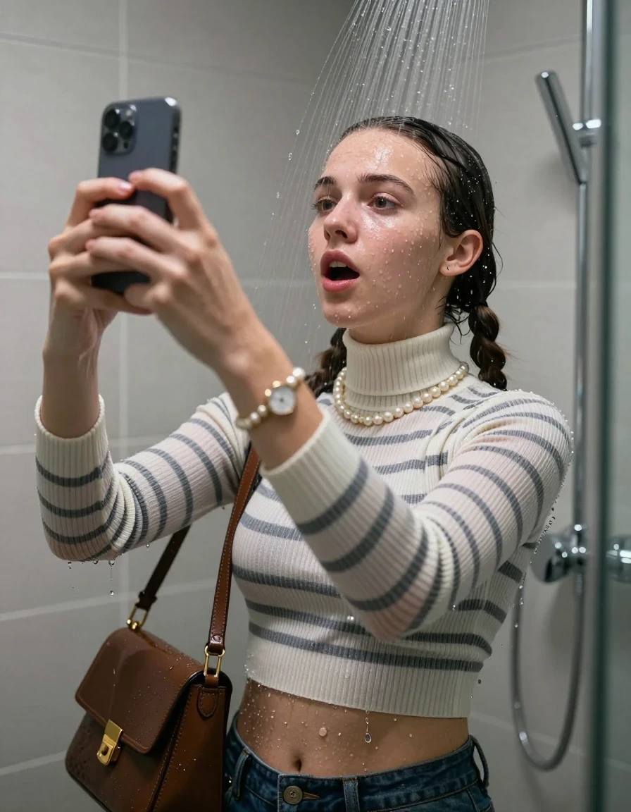 photo of young woman, in soaking wet, drenched clothes,
, ,  tight striped knit turtleneck sweater belly free, handbag, pearl necklace, bracelet, wristwatch, Under the shower, strong jet of water, modern mirrored bathroom, 
enjoying, wet clothes stuck to body,
detailed textures of the wet clothes, wet face, wet plastered hair,
wet, drenched, professional, high-quality details, full body view.
sharp focus, ultra-high pixel detail, realistic, high-quality, full colors, incredibly detailed, 4k, 8k, 16k, hyper-realistic, RAW photo, masterpiece, ultra-detailed, professionally color graded, professional photograph, Two pigtails

15 years old  teenage girl

Only head and shoulders are over the surface visible. Open mouth, half closed eyes. Looking up. Take a Selfie with her smartphone.

she is completely underwater up to her neck, afraid and astonished expression. 

her submerged clothes are hardly vusible under water, she soaked her handbag into the water

close up view, wet skin, wet clothes, wet hair, damp fabric, water runs down the clothes, wet skin, wet clothes, damp fabric., wet skin, wet clothes, damp fabric, wet skin, wet clothes, damp fabric, wet skin, wet clothes, damp fabric, wet skin, wet clothes, damp fabric