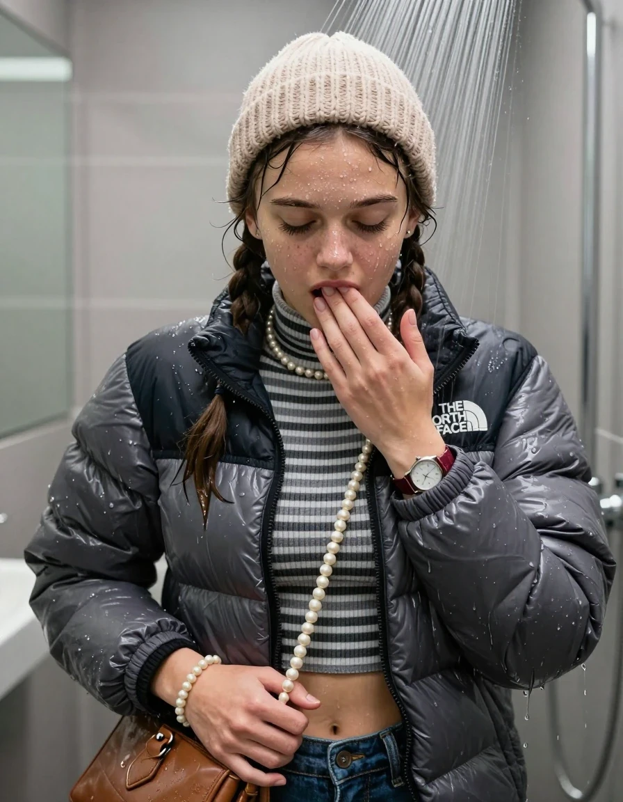 photo of young woman, in soaking wet, drenched clothes,
, , North face puffer down jacket, tight striped knit turtleneck sweater belly free, handbag, pearl necklace, bracelet, wristwatch,wet knitted north face hat, Under the shower, strong jet of water, modern mirrored bathroom, 
enjoying, wet clothes stuck to body,
detailed textures of the wet clothes, wet face, wet plastered hair,
wet, drenched, professional, high-quality details, full body view.
sharp focus, ultra-high pixel detail, realistic, high-quality, full colors, incredibly detailed, 4k, 8k, 16k, hyper-realistic, RAW photo, masterpiece, ultra-detailed, professionally color graded, professional photograph, Two pigtails

15 years old  teenage girl

Only head and shoulders are over the surface visible. Open mouth, closed eyes. Looking down. Hold her hand on her mouth.

she is completely underwater up to her neck, afraid and astonished expression. 

her submerged clothes are hardly vusible under water, she soaked her handbag into the water

close up view, wet skin, wet clothes, wet hair, damp fabric, water runs down the clothes, wet skin, wet clothes, damp fabric., wet skin, wet clothes, damp fabric, wet skin, wet clothes, damp fabric, wet skin, wet clothes, damp fabric