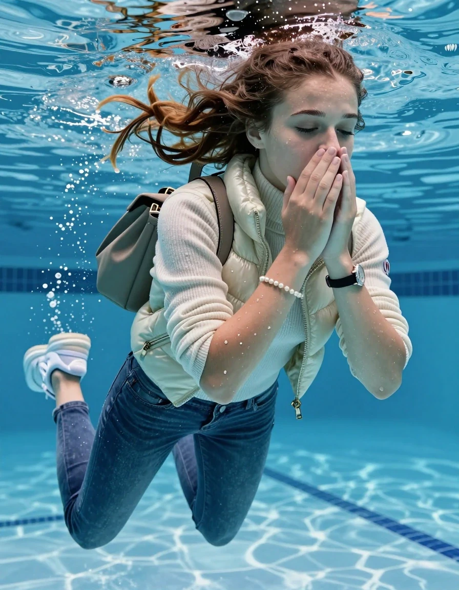 photo of young woman, in soaking wet, drenched clothes,
White sneakers , Completely soaked tight skinny jeans, Moncler shiny puffer down jacket, tight knit turtleneck sweater, shoulderbag, pearl necklace, bracelet, wristwatch , Swimming half submerged underwater in swimming pool , 
enjoying, wet clothes stuck to body,
detailed textures of the wet clothes, wet face, wet plastered hair,
wet, drenched, professional, high-quality details, full body view.
sharp focus, ultra-high pixel detail, realistic, high-quality, full colors, incredibly detailed, 4k, 8k, 16k, hyper-realistic, RAW photo, masterpiece, ultra-detailed, professionally color graded, professional photograph, Two sleek long braids

15 years old  teenage girl

Covers her nose with her fingers. Looking slightly away. Open mouth, closed eyes.

she is completely underwater up to her neck, afraid and astonished expression. 

Swimming movements with Arms and legs. Breast swimming.

her submerged clothes are hardly vusible under water, she soaked her handbag into the water

close up view, wet skin, wet clothes, wet hair, damp fabric, water runs down the clothes, wet skin, wet clothes, damp fabric, wet skin, wet clothes, damp fabric, wet skin, wet clothes, damp fabric, wet skin, wet clothes, damp fabric, wet skin, wet clothes, damp fabric, wet skin, wet clothes, damp fabric, wet skin, wet clothes, damp fabric, wet skin, wet clothes, damp fabric, wet skin, wet clothes, damp fabric, wet skin, wet clothes, damp fabric, wet skin, wet clothes, damp fabric, wet skin, wet clothes, damp fabric, wet skin, wet clothes, damp fabric, wet skin, wet clothes, damp fabric, wet skin, wet clothes, damp fabric, wet skin, wet clothes, damp fabric, wet skin, wet clothes, damp fabric, wet skin, wet clothes, damp fabric, wet skin, wet clothes, damp fabric, wet skin, wet clothes, damp fabric