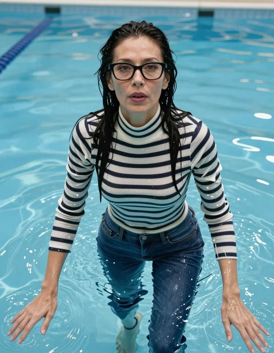 photo of young woman, in soaking wet, drenched clothes,
shoes, long blue jeans, white & black striped high-neck sweater with long sleeves, Swimming half submerged underwater in swimming pool, enjoying wet clothes stuck body, enjoying, wet clothes stuck to body, 
enjoying, wet clothes stuck to body,
detailed textures of the wet clothes, wet face, wet plastered hair,
wet, drenched, professional, high-quality details, full body view.
sharp focus, ultra-high pixel detail, realistic, high-quality, full colors, incredibly detailed, 4k, 8k, 16k, hyper-realistic, RAW photo, masterpiece, ultra-detailed, professionally color graded, professional photograph, europen brunette skinny woman 50 years old, long dark black hair, very big and thick lips,  office glasses, complete body, wet skin, wet clothes, damp fabric, wet skin, wet clothes, damp fabric, wet skin, wet clothes, damp fabric, wet skin, wet clothes, damp fabric, wet skin, wet clothes, damp fabric