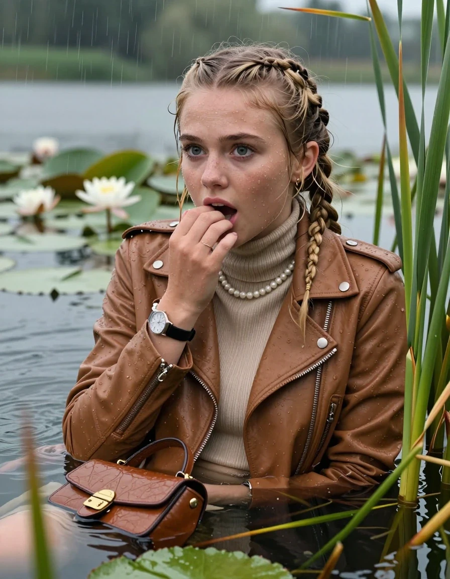 photo of young woman, in soaking wet, drenched clothes,
, , Light Brown biker leatherjacket, tight turtleneck sweater with wide neckline belly free, handbag, pearl necklace, bracelet, wristwatch , Emerging after diving in a lake with water lilies and reeds, rain , 
enjoying, wet clothes stuck to body,
detailed textures of the wet clothes, wet face, wet plastered hair,
wet, drenched, professional, high-quality details, full body view.
sharp focus, ultra-high pixel detail, realistic, high-quality, full colors, incredibly detailed, 4k, 8k, 16k, hyper-realistic, RAW photo, masterpiece, ultra-detailed, professionally color graded, professional photograph, Blonde braids

15 years old  teenage girl

Laying her breast on the surface.  Looking slightly away. Hold her hand on her mouth. Open mouth, big eyes.

she is completely underwater up to her neck, afraid and astonished expression. 

She hides in the reeds and is surprised by spectators

her submerged clothes are hardly vusible under water, she soaked her handbag into the water

close up view, wet skin, wet clothes, wet hair, damp fabric, water runs down the clothes, wet skin, wet clothes, damp fabric., wet skin, wet clothes, damp fabric, wet skin, wet clothes, damp fabric