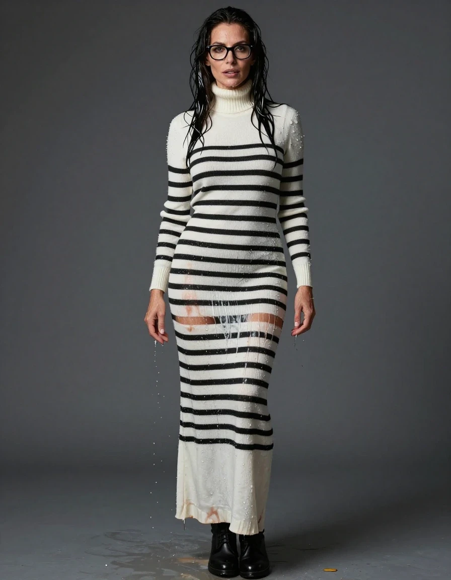 photo of young woman, in soaking wet, drenched clothes,
boots, maxi white & black striped high-neck sweater dress with long sleeves, maxi white & black striped high-neck sweater dress with long sleeves, enjoying wet clothes stuck body, enjoying, wet clothes stuck to body, 
enjoying, wet clothes stuck to body,
detailed textures of the wet clothes, wet face, wet plastered hair,
wet, drenched, professional, high-quality details, full body view.
sharp focus, ultra-high pixel detail, realistic, high-quality, full colors, incredibly detailed, 4k, 8k, 16k, hyper-realistic, RAW photo, masterpiece, ultra-detailed, professionally color graded, professional photograph, europen brunette skinny woman 50 years old, long dark black hair, very big and thick lips,  office glasses, complete body, wet skin, wet clothes, damp fabric, wet skin, wet clothes, damp fabric, wet skin, wet clothes, damp fabric, wet skin, wet clothes, damp fabric, wet skin, wet clothes, damp fabric
