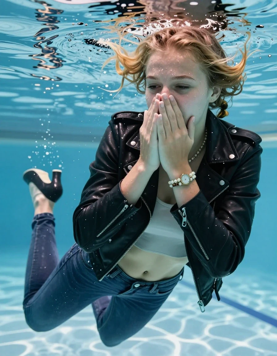 photo of young woman, in soaking wet, drenched clothes,
Heels, Completely soaked tight skinny jeans, Black biker leatherjacket, tight sexy tshirt with wide neckline belly free, shoulderbag, pearl necklace, bracelet, wristwatch , Swimming half submerged underwater in swimming pool , 
enjoying, wet clothes stuck to body,
detailed textures of the wet clothes, wet face, wet plastered hair,
wet, drenched, professional, high-quality details, full body view.
sharp focus, ultra-high pixel detail, realistic, high-quality, full colors, incredibly detailed, 4k, 8k, 16k, hyper-realistic, RAW photo, masterpiece, ultra-detailed, professionally color graded, professional photograph, Blonde braided hair

15 years old  teenage girl

Covers her nose with her hands. Looking slightly away. Open mouth, closed eyes.

she is completely underwater up to her neck, afraid and astonished expression. 

Swimming movements with Arms and legs. Breast swimming.

her submerged clothes are hardly vusible under water, she soaked her handbag into the water

close up view, wet skin, wet clothes, wet hair, damp fabric, water runs down the clothes, wet skin, wet clothes, damp fabric, wet skin, wet clothes, damp fabric, wet skin, wet clothes, damp fabric, wet skin, wet clothes, damp fabric, wet skin, wet clothes, damp fabric, wet skin, wet clothes, damp fabric, wet skin, wet clothes, damp fabric, wet skin, wet clothes, damp fabric, wet skin, wet clothes, damp fabric, wet skin, wet clothes, damp fabric, wet skin, wet clothes, damp fabric, wet skin, wet clothes, damp fabric, wet skin, wet clothes, damp fabric, wet skin, wet clothes, damp fabric, wet skin, wet clothes, damp fabric, wet skin, wet clothes, damp fabric, wet skin, wet clothes, damp fabric, wet skin, wet clothes, damp fabric, wet skin, wet clothes, damp fabric, wet skin, wet clothes, damp fabric