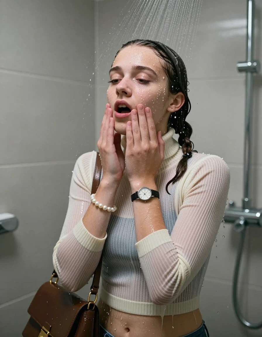 photo of young woman, in soaking wet, drenched clothes,
, ,  tight striped knit turtleneck sweater belly free, handbag, pearl necklace, bracelet, wristwatch, Under the shower, strong jet of water, modern mirrored bathroom, 
enjoying, wet clothes stuck to body,
detailed textures of the wet clothes, wet face, wet plastered hair,
wet, drenched, professional, high-quality details, full body view.
sharp focus, ultra-high pixel detail, realistic, high-quality, full colors, incredibly detailed, 4k, 8k, 16k, hyper-realistic, RAW photo, masterpiece, ultra-detailed, professionally color graded, professional photograph, Two pigtails

15 years old  teenage girl

Only head and shoulders are over the surface visible. Open mouth, closed eyes. Looking up. Hold her hands on her chin.

she is completely underwater up to her neck, afraid and astonished expression. 

her submerged clothes are hardly vusible under water, she soaked her handbag into the water

close up view, wet skin, wet clothes, wet hair, damp fabric, water runs down the clothes, wet skin, wet clothes, damp fabric., wet skin, wet clothes, damp fabric, wet skin, wet clothes, damp fabric, wet skin, wet clothes, damp fabric