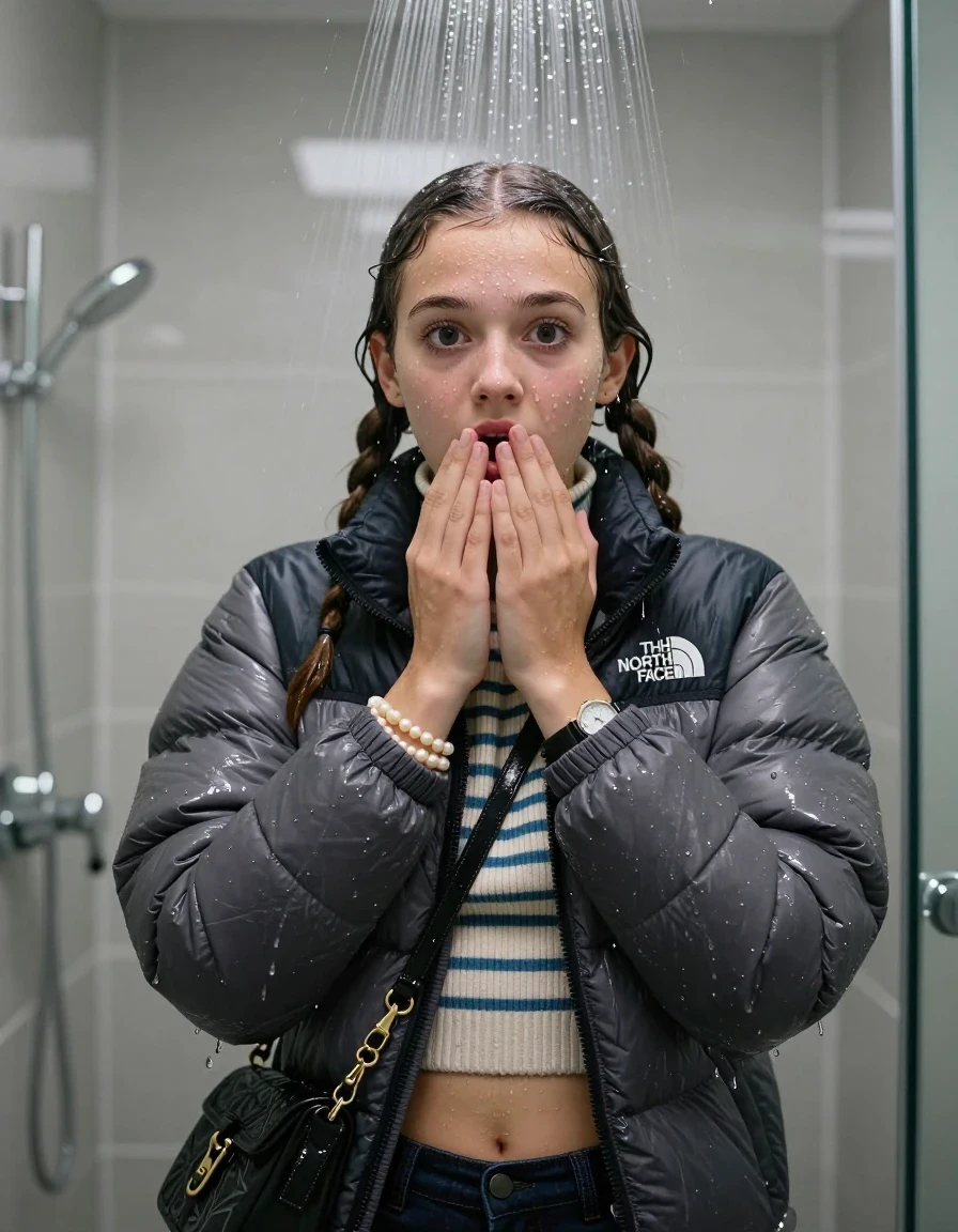 photo of young woman, in soaking wet, drenched clothes,
, , North face puffer down jacket, tight striped knit turtleneck sweater belly free, handbag, pearl necklace, bracelet, wristwatch , Under the shower, strong jet of water, modern mirrored bathroom, 
enjoying, wet clothes stuck to body,
detailed textures of the wet clothes, wet face, wet plastered hair,
wet, drenched, professional, high-quality details, full body view.
sharp focus, ultra-high pixel detail, realistic, high-quality, full colors, incredibly detailed, 4k, 8k, 16k, hyper-realistic, RAW photo, masterpiece, ultra-detailed, professionally color graded, professional photograph, Two pigtails

15 years old  teenage girl

Only head and shoulders are over the surface visible. Open mouth, big eyes. Looking at camera. Hold her hands over mouth.

she is completely underwater up to her neck, afraid and astonished expression. 

her submerged clothes are hardly vusible under water, she soaked her handbag into the water

close up view, wet skin, wet clothes, wet hair, damp fabric, water runs down the clothes, wet skin, wet clothes, damp fabric., wet skin, wet clothes, damp fabric, wet skin, wet clothes, damp fabric, wet skin, wet clothes, damp fabric
