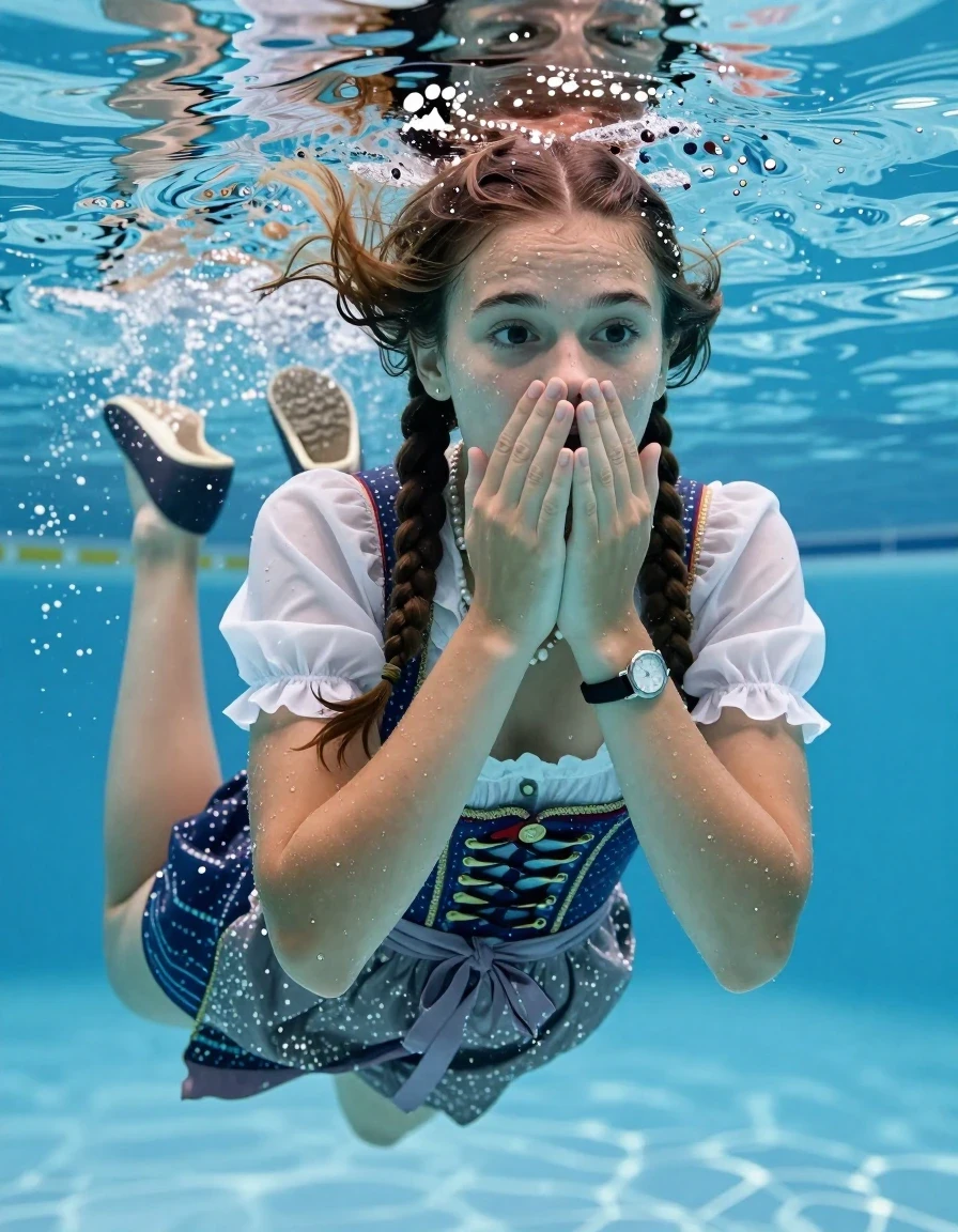 photo of young woman, in soaking wet, drenched clothes,
Heels, , Dirndl, Shoulderbag, pearl necklace, bracelet, wristwatch , Swimming half submerged underwater in swimming pool , 
enjoying, wet clothes stuck to body,
detailed textures of the wet clothes, wet face, wet plastered hair,
wet, drenched, professional, high-quality details, full body view.
sharp focus, ultra-high pixel detail, realistic, high-quality, full colors, incredibly detailed, 4k, 8k, 16k, hyper-realistic, RAW photo, masterpiece, ultra-detailed, professionally color graded, professional photograph, Two sleek long braids

15 years old  teenage girl

Covers her nose with her hands. Looking slightly away. Open mouth, big eyes.

she is completely underwater up to her neck, afraid and astonished expression. 

Swimming movements with Arms and legs. Breast swimming.

her submerged clothes are hardly vusible under water, she soaked her handbag into the water

close up view, wet skin, wet clothes, wet hair, damp fabric, water runs down the clothes, wet skin, wet clothes, damp fabric, wet skin, wet clothes, damp fabric, wet skin, wet clothes, damp fabric, wet skin, wet clothes, damp fabric, wet skin, wet clothes, damp fabric, wet skin, wet clothes, damp fabric, wet skin, wet clothes, damp fabric, wet skin, wet clothes, damp fabric, wet skin, wet clothes, damp fabric, wet skin, wet clothes, damp fabric, wet skin, wet clothes, damp fabric, wet skin, wet clothes, damp fabric, wet skin, wet clothes, damp fabric, wet skin, wet clothes, damp fabric, wet skin, wet clothes, damp fabric, wet skin, wet clothes, damp fabric, wet skin, wet clothes, damp fabric, wet skin, wet clothes, damp fabric, wet skin, wet clothes, damp fabric, wet skin, wet clothes, damp fabric, wet skin, wet clothes, damp fabric, wet skin, wet clothes, damp fabric, wet skin, wet clothes, damp fabric, wet skin, wet clothes, damp fabric