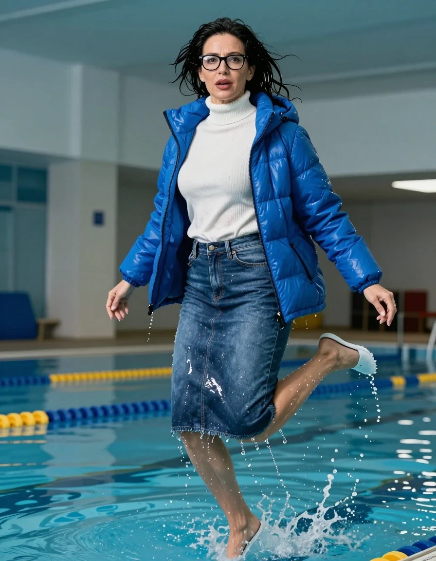 photo of young woman, in soaking wet, drenched clothes,
shoes, long blue denim skirt, white high-neck sweater with long sleeves, maxi blue down jacket, jump in indoor swimming pool, enjoying wet clothes stuck body, enjoying, wet clothes stuck to body, 
enjoying, wet clothes stuck to body,
detailed textures of the wet clothes, wet face, wet plastered hair,
wet, drenched, professional, high-quality details, full body view.
sharp focus, ultra-high pixel detail, realistic, high-quality, full colors, incredibly detailed, 4k, 8k, 16k, hyper-realistic, RAW photo, masterpiece, ultra-detailed, professionally color graded, professional photograph, europen brunette skinny woman 50 years old, long dark black hair, very big and thick lips,  office glasses, complete body, wet skin, wet clothes, damp fabric, wet skin, wet clothes, damp fabric, wet skin, wet clothes, damp fabric, wet skin, wet clothes, damp fabric, wet skin, wet clothes, damp fabric