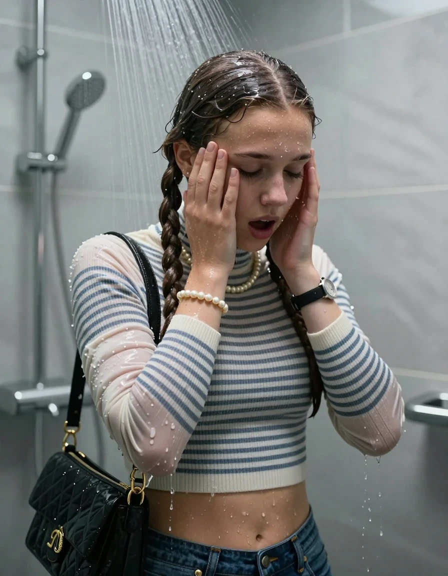 photo of young woman, in soaking wet, drenched clothes,
, , Moncler puffer down jacket, tight striped knit turtleneck sweater belly free, handbag, pearl necklace, bracelet, wristwatch, Under the shower, strong jet of water, modern mirrored bathroom, 
enjoying, wet clothes stuck to body,
detailed textures of the wet clothes, wet face, wet plastered hair,
wet, drenched, professional, high-quality details, full body view.
sharp focus, ultra-high pixel detail, realistic, high-quality, full colors, incredibly detailed, 4k, 8k, 16k, hyper-realistic, RAW photo, masterpiece, ultra-detailed, professionally color graded, professional photograph, Two pigtails

15 years old  teenage girl

Only head and shoulders are over the surface visible. Open mouth, closed eyes. Looking down. Hold her hands over her face.

she is completely underwater up to her neck, afraid and astonished expression. 

her submerged clothes are hardly vusible under water, she soaked her handbag into the water

close up view, wet skin, wet clothes, wet hair, damp fabric, water runs down the clothes, wet skin, wet clothes, damp fabric., wet skin, wet clothes, damp fabric, wet skin, wet clothes, damp fabric, wet skin, wet clothes, damp fabric
