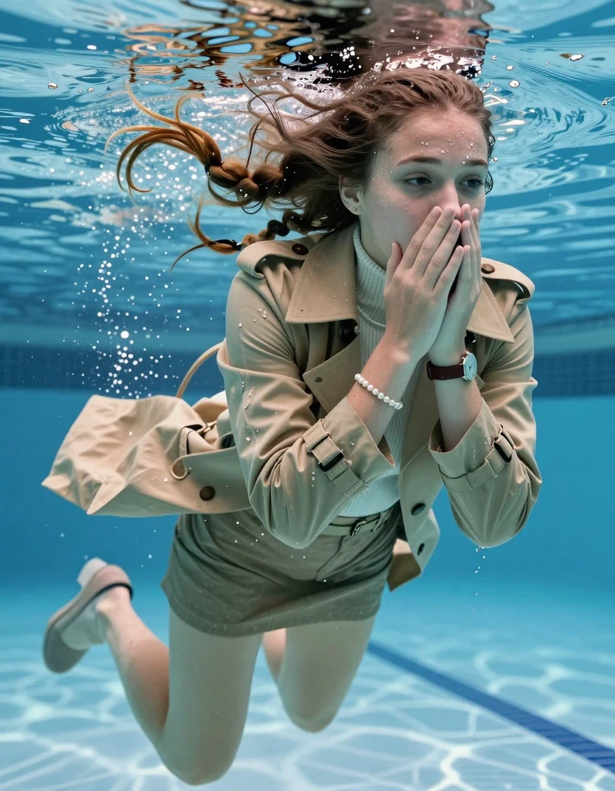 photo of young woman, in soaking wet, drenched clothes,
Heels, mini skirt, Beige Winter trenchcoat, tight knit turtleneck sweater belly free, shoulderbag, pearl necklace, bracelet, wristwatch , Swimming half submerged underwater in swimming pool , 
enjoying, wet clothes stuck to body,
detailed textures of the wet clothes, wet face, wet plastered hair,
wet, drenched, professional, high-quality details, full body view.
sharp focus, ultra-high pixel detail, realistic, high-quality, full colors, incredibly detailed, 4k, 8k, 16k, hyper-realistic, RAW photo, masterpiece, ultra-detailed, professionally color graded, professional photograph, Two sleek long braids

15 years old  teenage girl

Covers her nose with her hands. Looking slightly away. Open mouth, half closed  eyes.

she is completely underwater up to her neck, afraid and astonished expression. 

Swimming movements with Arms and legs. Breast swimming.

her submerged clothes are hardly vusible under water, she soaked her handbag into the water

close up view, wet skin, wet clothes, wet hair, damp fabric, water runs down the clothes, wet skin, wet clothes, damp fabric, wet skin, wet clothes, damp fabric, wet skin, wet clothes, damp fabric, wet skin, wet clothes, damp fabric, wet skin, wet clothes, damp fabric, wet skin, wet clothes, damp fabric, wet skin, wet clothes, damp fabric, wet skin, wet clothes, damp fabric, wet skin, wet clothes, damp fabric, wet skin, wet clothes, damp fabric, wet skin, wet clothes, damp fabric, wet skin, wet clothes, damp fabric, wet skin, wet clothes, damp fabric, wet skin, wet clothes, damp fabric, wet skin, wet clothes, damp fabric, wet skin, wet clothes, damp fabric, wet skin, wet clothes, damp fabric, wet skin, wet clothes, damp fabric, wet skin, wet clothes, damp fabric, wet skin, wet clothes, damp fabric, wet skin, wet clothes, damp fabric, wet skin, wet clothes, damp fabric