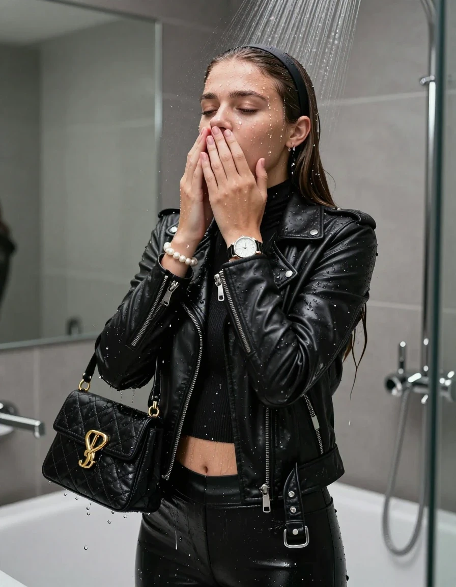 photo of young woman, in soaking wet, drenched clothes,
, Black leatherleggings , Black biker leatherjacket, tight knot turtleneck sweater belly free, handbag, pearl necklace, bracelet, wristwatch , Under the shower, strong jet of water, modern mirrored bathroom, 
enjoying, wet clothes stuck to body,
detailed textures of the wet clothes, wet face, wet plastered hair,
wet, drenched, professional, high-quality details, full body view.
sharp focus, ultra-high pixel detail, realistic, high-quality, full colors, incredibly detailed, 4k, 8k, 16k, hyper-realistic, RAW photo, masterpiece, ultra-detailed, professionally color graded, professional photograph, Sleek long straight hair with hairband

15 years old  teenage girl

Only head and shoulders are over the surface visible. Hold her hands over her mouth and nose. Open mouth, closed eyes. Looking up.

she is completely underwater up to her neck, afraid and astonished expression. 

her submerged clothes are hardly vusible under water, she soaked her handbag into the water

close up view, wet skin, wet clothes, wet hair, damp fabric, water runs down the clothes, wet skin, wet clothes, damp fabric., wet skin, wet clothes, damp fabric, wet skin, wet clothes, damp fabric