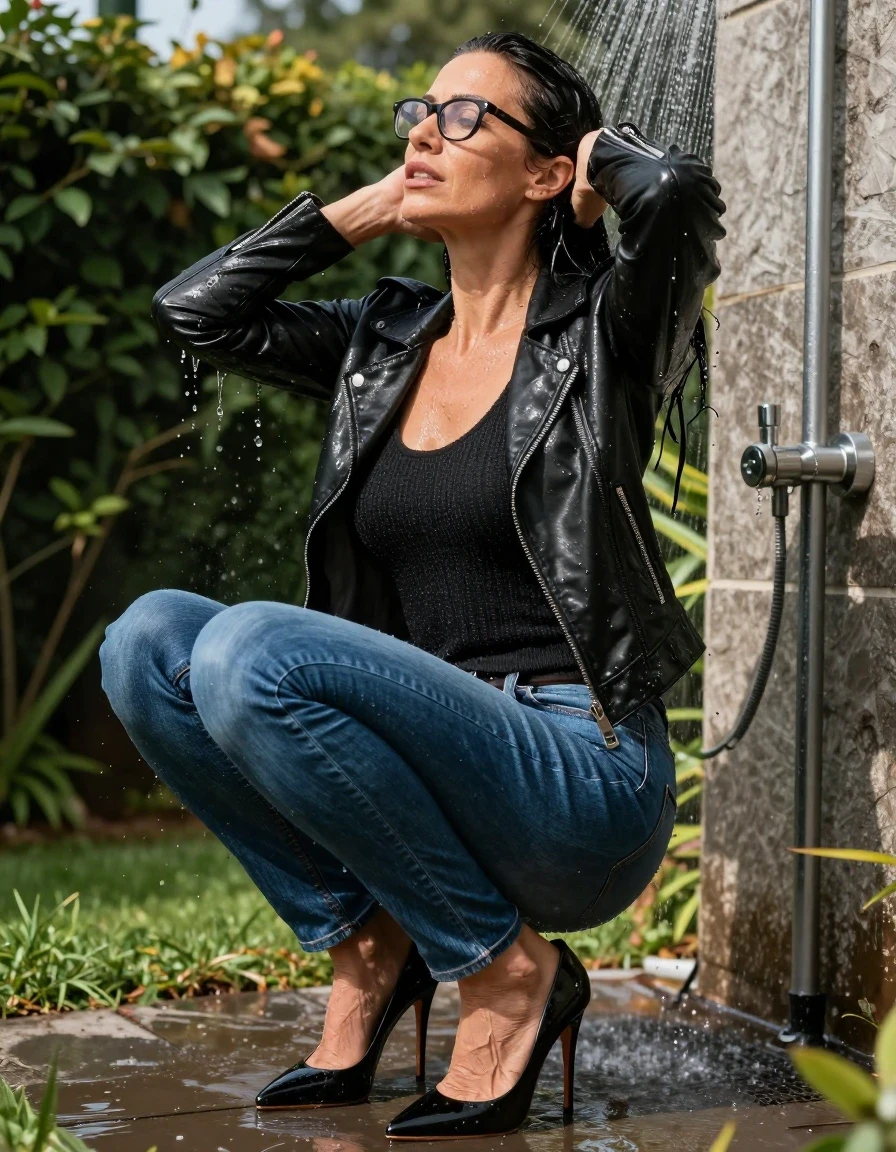 photo of young woman, in soaking wet, drenched clothes,
stlletto shoes, long blue leather jeans, black sweater, black byker leather jacket, takin shower in sunny garden, enjoying wet clothes stuck body, enjoying, wet clothes stuck to body, 
enjoying, wet clothes stuck to body,
detailed textures of the wet clothes, wet face, wet plastered hair,
wet, drenched, professional, high-quality details, full body view.
sharp focus, ultra-high pixel detail, realistic, high-quality, full colors, incredibly detailed, 4k, 8k, 16k, hyper-realistic, RAW photo, masterpiece, ultra-detailed, professionally color graded, professional photograph, europen brunette skinny woman 50 years old, long dark black hair, very big and thick lips,  office glasses, complete body, wet skin, wet clothes, damp fabric, wet skin, wet clothes, damp fabric, wet skin, wet clothes, damp fabric, wet skin, wet clothes, damp fabric, wet skin, wet clothes, damp fabric