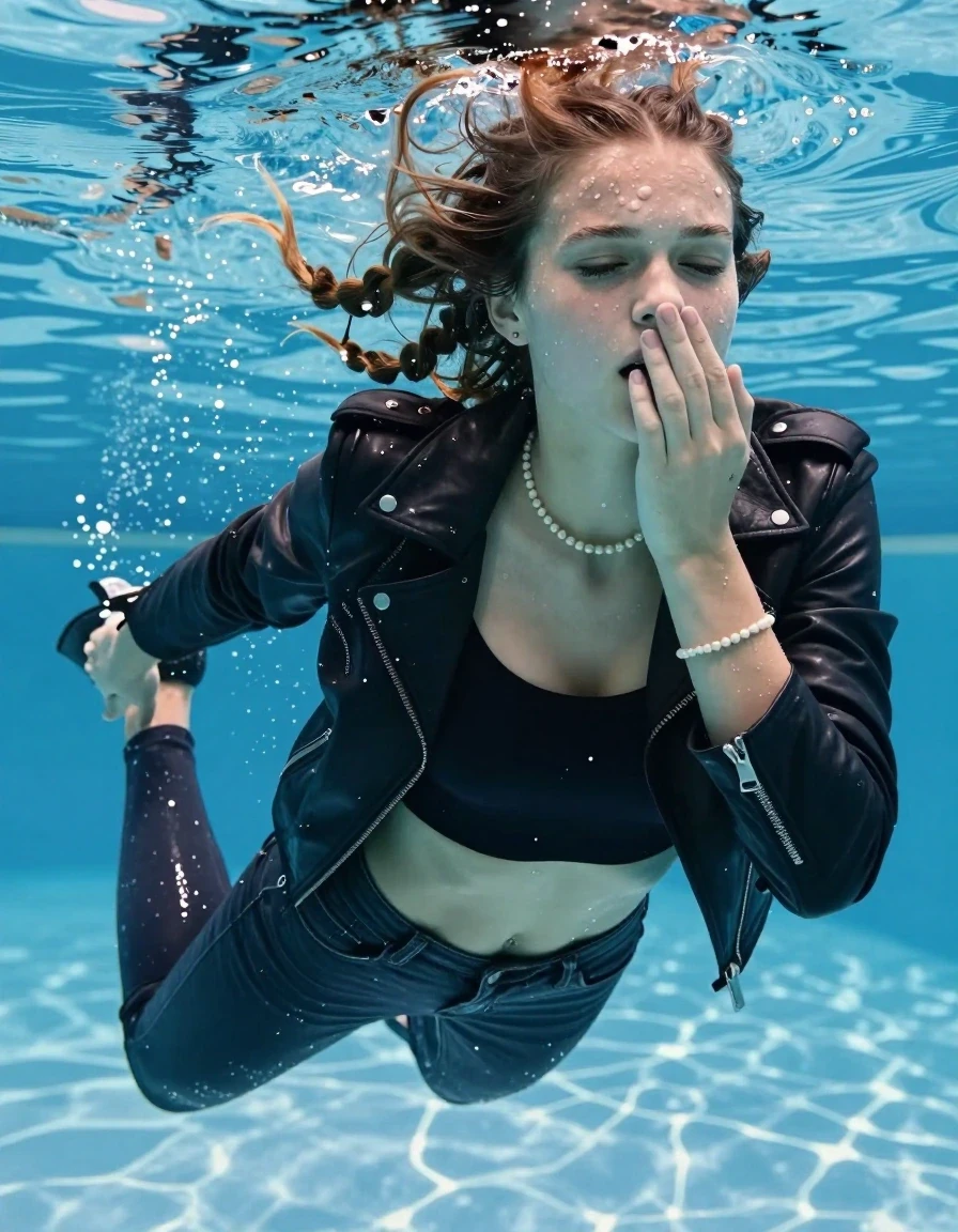 photo of young woman, in soaking wet, drenched clothes,
Heels, Completely soaked tight skinny jeans, Black biker leatherjacket, tight sexy tshirt with wide neckline belly free, shoulderbag, pearl necklace, bracelet, wristwatch , Swimming half submerged underwater in swimming pool , 
enjoying, wet clothes stuck to body,
detailed textures of the wet clothes, wet face, wet plastered hair,
wet, drenched, professional, high-quality details, full body view.
sharp focus, ultra-high pixel detail, realistic, high-quality, full colors, incredibly detailed, 4k, 8k, 16k, hyper-realistic, RAW photo, masterpiece, ultra-detailed, professionally color graded, professional photograph, Two sleek long braids

15 years old  teenage girl

Covers her nose with her fingers. Looking slightly away. Open mouth, closed eyes.

she is completely underwater up to her neck, afraid and astonished expression. 

Swimming movements with Arms and legs. Breast swimming.

her submerged clothes are hardly vusible under water, she soaked her handbag into the water

close up view, wet skin, wet clothes, wet hair, damp fabric, water runs down the clothes, wet skin, wet clothes, damp fabric, wet skin, wet clothes, damp fabric, wet skin, wet clothes, damp fabric, wet skin, wet clothes, damp fabric, wet skin, wet clothes, damp fabric, wet skin, wet clothes, damp fabric, wet skin, wet clothes, damp fabric, wet skin, wet clothes, damp fabric, wet skin, wet clothes, damp fabric, wet skin, wet clothes, damp fabric, wet skin, wet clothes, damp fabric, wet skin, wet clothes, damp fabric, wet skin, wet clothes, damp fabric, wet skin, wet clothes, damp fabric, wet skin, wet clothes, damp fabric, wet skin, wet clothes, damp fabric, wet skin, wet clothes, damp fabric, wet skin, wet clothes, damp fabric, wet skin, wet clothes, damp fabric, wet skin, wet clothes, damp fabric