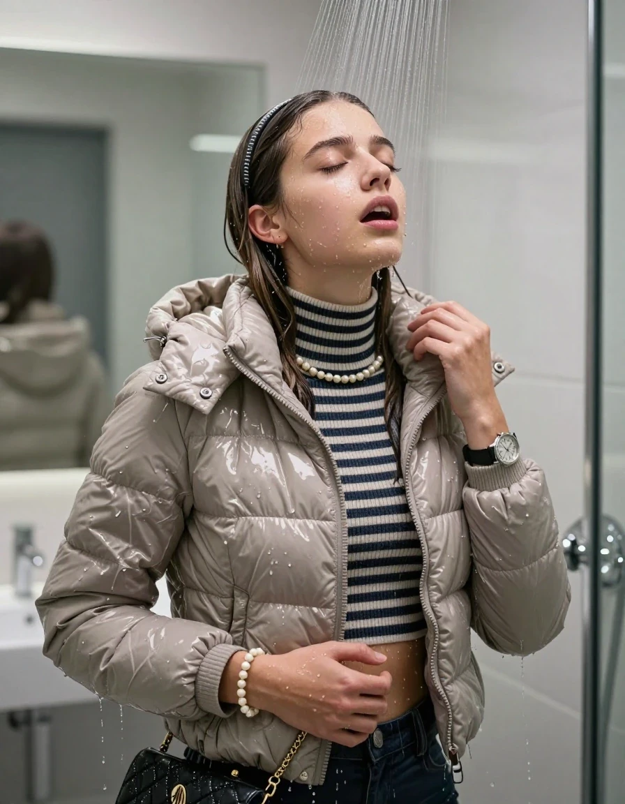 photo of young woman, in soaking wet, drenched clothes,
, , Moncler shiny puffer down jacket, tight striped knit turtleneck sweater belly free, handbag, pearl necklace, bracelet, wristwatch , Under the shower, strong jet of water, modern mirrored bathroom, 
enjoying, wet clothes stuck to body,
detailed textures of the wet clothes, wet face, wet plastered hair,
wet, drenched, professional, high-quality details, full body view.
sharp focus, ultra-high pixel detail, realistic, high-quality, full colors, incredibly detailed, 4k, 8k, 16k, hyper-realistic, RAW photo, masterpiece, ultra-detailed, professionally color graded, professional photograph, Sleek long straight hair with hairband

15 years old  teenage girl

Only head and shoulders are over the surface visible. Open mouth, closed eyes. Looking up.

she is completely underwater up to her neck, afraid and astonished expression. 

her submerged clothes are hardly vusible under water, she soaked her handbag into the water

close up view, wet skin, wet clothes, wet hair, damp fabric, water runs down the clothes, wet skin, wet clothes, damp fabric., wet skin, wet clothes, damp fabric, wet skin, wet clothes, damp fabric, wet skin, wet clothes, damp fabric