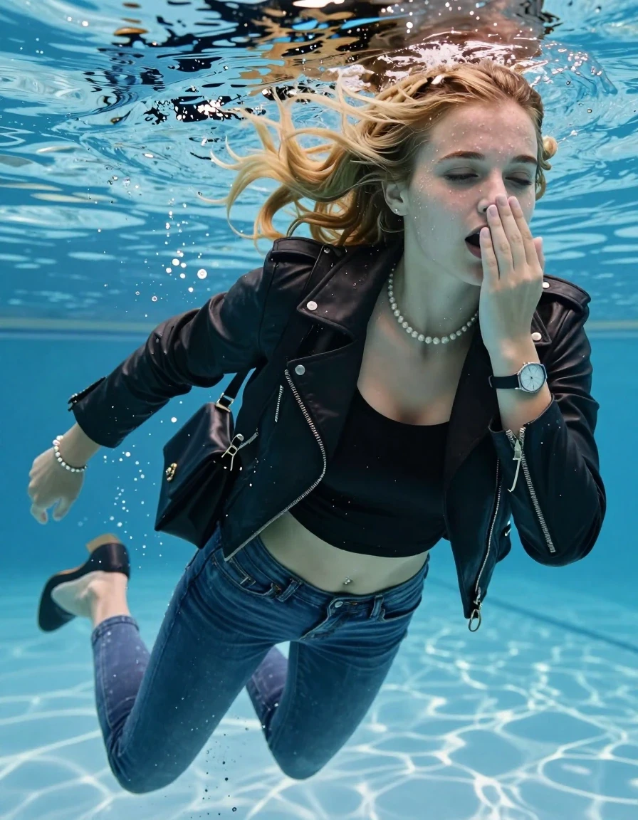 photo of young woman, in soaking wet, drenched clothes,
Heels, Completely soaked tight skinny jeans, Black biker leatherjacket, tight sexy tshirt with wide neckline belly free, shoulderbag, pearl necklace, bracelet, wristwatch , Swimming half submerged underwater in swimming pool , 
enjoying, wet clothes stuck to body,
detailed textures of the wet clothes, wet face, wet plastered hair,
wet, drenched, professional, high-quality details, full body view.
sharp focus, ultra-high pixel detail, realistic, high-quality, full colors, incredibly detailed, 4k, 8k, 16k, hyper-realistic, RAW photo, masterpiece, ultra-detailed, professionally color graded, professional photograph, Blonde braided hair

15 years old  teenage girl

Covers her nose with her fingers. Looking slightly away. Open mouth, closed eyes.

she is completely underwater up to her neck, afraid and astonished expression. 

Swimming movements with Arms and legs. Breast swimming.

her submerged clothes are hardly vusible under water, she soaked her handbag into the water

close up view, wet skin, wet clothes, wet hair, damp fabric, water runs down the clothes, wet skin, wet clothes, damp fabric, wet skin, wet clothes, damp fabric, wet skin, wet clothes, damp fabric, wet skin, wet clothes, damp fabric, wet skin, wet clothes, damp fabric, wet skin, wet clothes, damp fabric, wet skin, wet clothes, damp fabric, wet skin, wet clothes, damp fabric, wet skin, wet clothes, damp fabric, wet skin, wet clothes, damp fabric, wet skin, wet clothes, damp fabric, wet skin, wet clothes, damp fabric, wet skin, wet clothes, damp fabric, wet skin, wet clothes, damp fabric, wet skin, wet clothes, damp fabric, wet skin, wet clothes, damp fabric, wet skin, wet clothes, damp fabric, wet skin, wet clothes, damp fabric, wet skin, wet clothes, damp fabric, wet skin, wet clothes, damp fabric