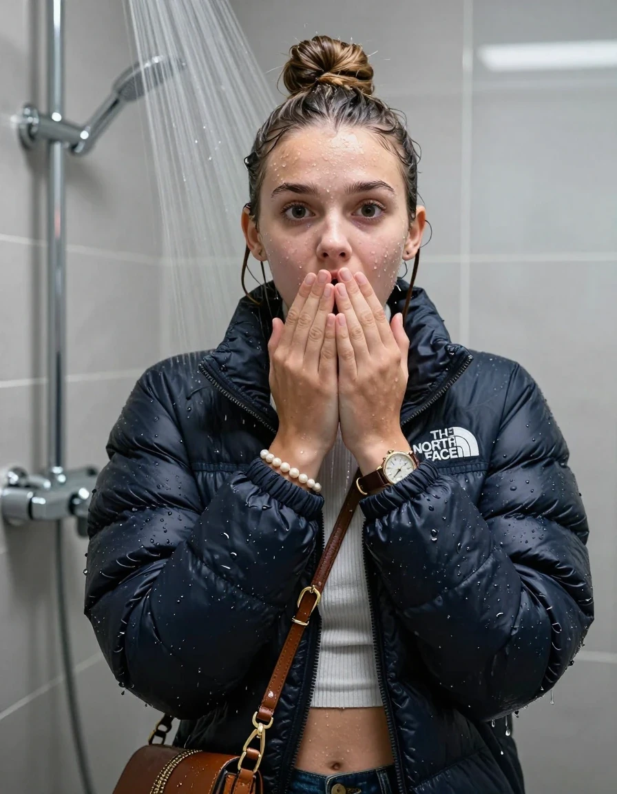 photo of young woman, in soaking wet, drenched clothes,
, , North face puffer down jacket, tight striped knit turtleneck sweater belly free, handbag, pearl necklace, bracelet, wristwatch , Under the shower, strong jet of water, modern mirrored bathroom, 
enjoying, wet clothes stuck to body,
detailed textures of the wet clothes, wet face, wet plastered hair,
wet, drenched, professional, high-quality details, full body view.
sharp focus, ultra-high pixel detail, realistic, high-quality, full colors, incredibly detailed, 4k, 8k, 16k, hyper-realistic, RAW photo, masterpiece, ultra-detailed, professionally color graded, professional photograph, Topknot

15 years old  teenage girl

Only head and shoulders are over the surface visible. Open mouth, big eyes. Looking at camera. Hold her hands over mouth.

she is completely underwater up to her neck, afraid and astonished expression. 

her submerged clothes are hardly vusible under water, she soaked her handbag into the water

close up view, wet skin, wet clothes, wet hair, damp fabric, water runs down the clothes, wet skin, wet clothes, damp fabric., wet skin, wet clothes, damp fabric, wet skin, wet clothes, damp fabric, wet skin, wet clothes, damp fabric