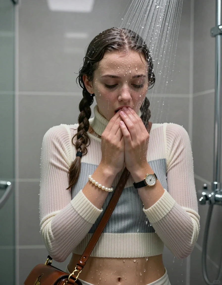 photo of young woman, in soaking wet, drenched clothes,
, ,  tight striped knit turtleneck sweater belly free, handbag, pearl necklace, bracelet, wristwatch, Under the shower, strong jet of water, modern mirrored bathroom, 
enjoying, wet clothes stuck to body,
detailed textures of the wet clothes, wet face, wet plastered hair,
wet, drenched, professional, high-quality details, full body view.
sharp focus, ultra-high pixel detail, realistic, high-quality, full colors, incredibly detailed, 4k, 8k, 16k, hyper-realistic, RAW photo, masterpiece, ultra-detailed, professionally color graded, professional photograph, Two pigtails

15 years old  teenage girl

Only head and shoulders are over the surface visible. Open mouth, closed eyes. Looking down. Hold her hands on her mouth.

she is completely underwater up to her neck, afraid and astonished expression. 

her submerged clothes are hardly vusible under water, she soaked her handbag into the water

close up view, wet skin, wet clothes, wet hair, damp fabric, water runs down the clothes, wet skin, wet clothes, damp fabric., wet skin, wet clothes, damp fabric, wet skin, wet clothes, damp fabric, wet skin, wet clothes, damp fabric, wet skin, wet clothes, damp fabric