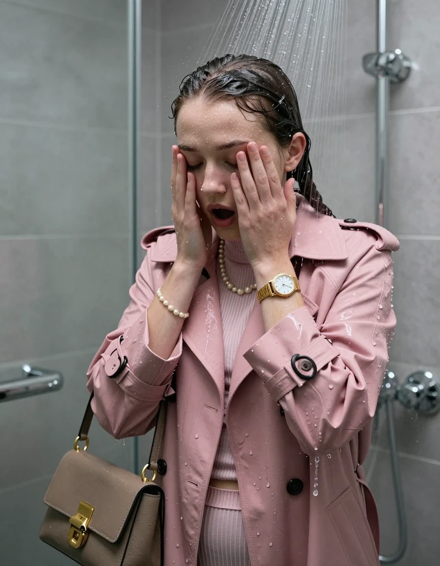 photo of young woman, in soaking wet, drenched clothes,
, , Pink woolen winter Trenchcoat, tight striped knit turtleneck sweater belly free, handbag, pearl necklace, bracelet, wristwatch, Under the shower, strong jet of water, modern mirrored bathroom, 
enjoying, wet clothes stuck to body,
detailed textures of the wet clothes, wet face, wet plastered hair,
wet, drenched, professional, high-quality details, full body view.
sharp focus, ultra-high pixel detail, realistic, high-quality, full colors, incredibly detailed, 4k, 8k, 16k, hyper-realistic, RAW photo, masterpiece, ultra-detailed, professionally color graded, professional photograph, Two pigtails

15 years old  teenage girl

Only head and shoulders are over the surface visible. Open mouth, closed eyes. Looking down. Hold her hands over her face.

she is completely underwater up to her neck, afraid and astonished expression. 

her submerged clothes are hardly vusible under water, she soaked her handbag into the water

close up view, wet skin, wet clothes, wet hair, damp fabric, water runs down the clothes, wet skin, wet clothes, damp fabric., wet skin, wet clothes, damp fabric, wet skin, wet clothes, damp fabric, wet skin, wet clothes, damp fabric